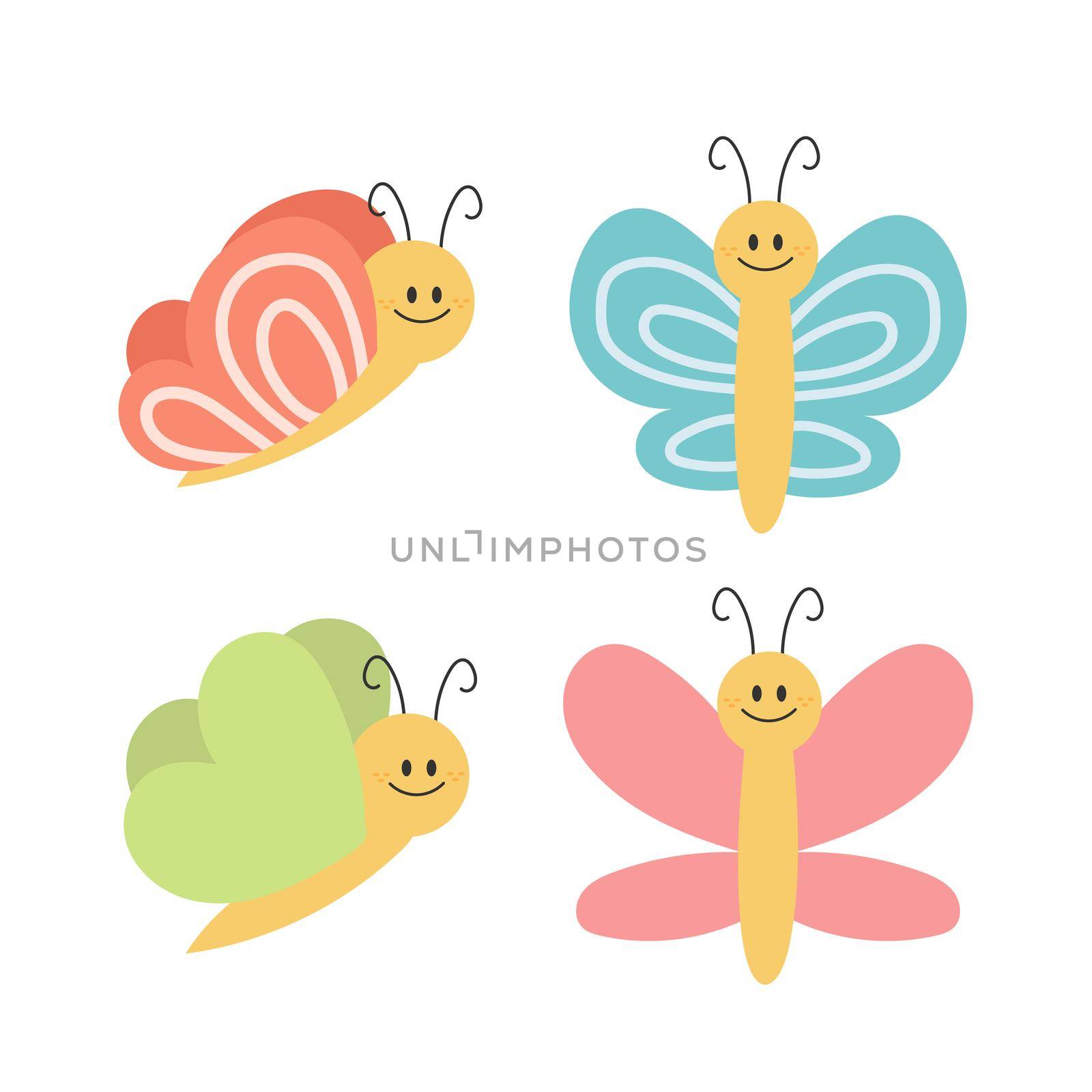 Cartoon butterfly. Cute smiling character for childish design. Flat vector illustration isolated on a white background. Hand drawn style