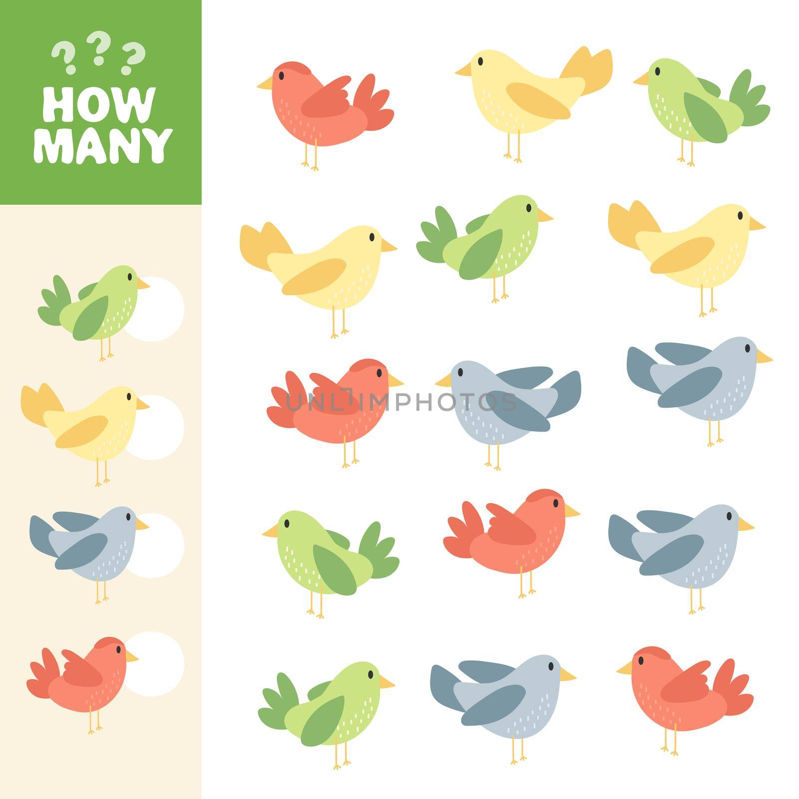 Math game for kids. How many colorful birds are there. Vector illustration. by natali_brill