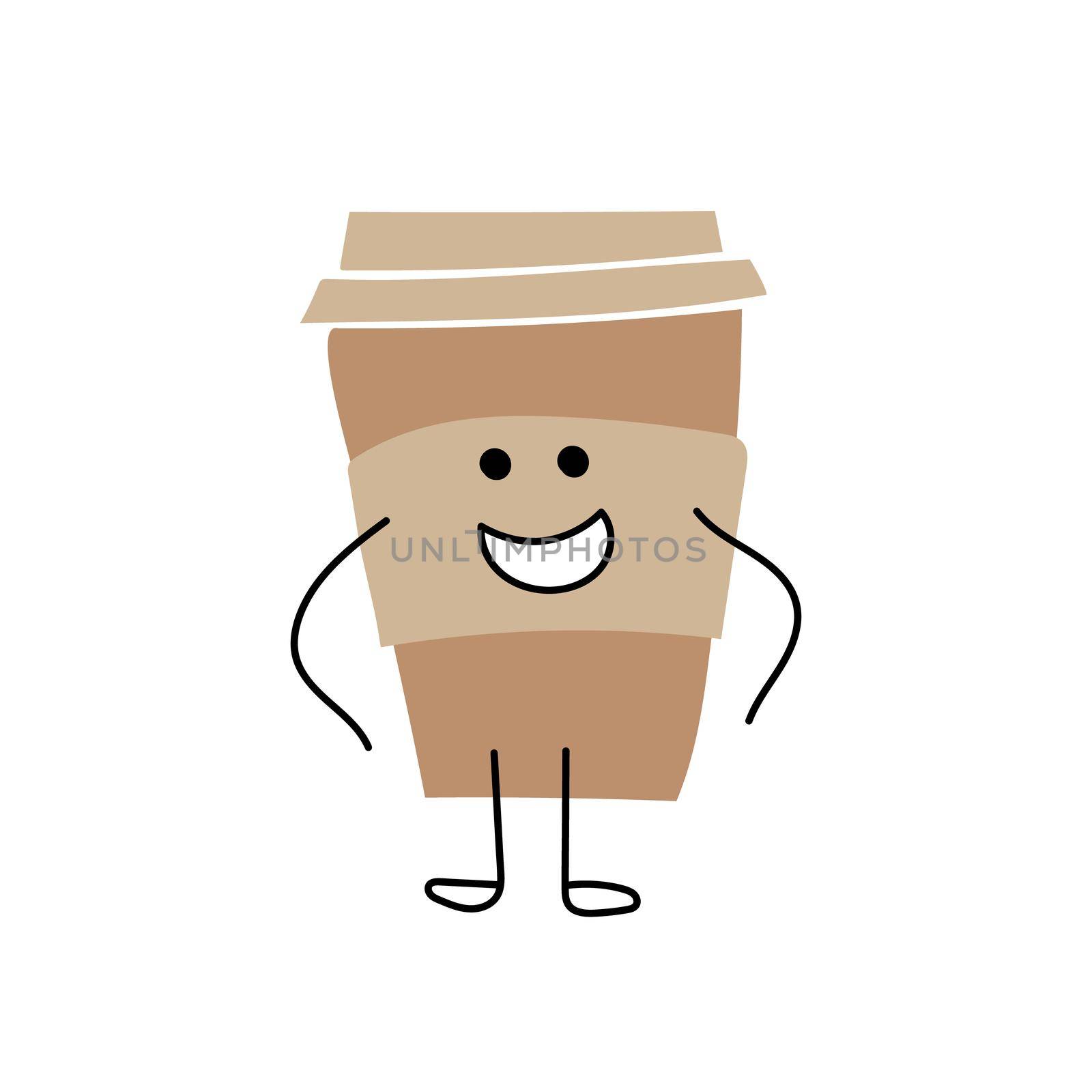 Cartoon coffee cup. Take away coffee. Happy cup of coffee. Vector flat cartoon illustration on white