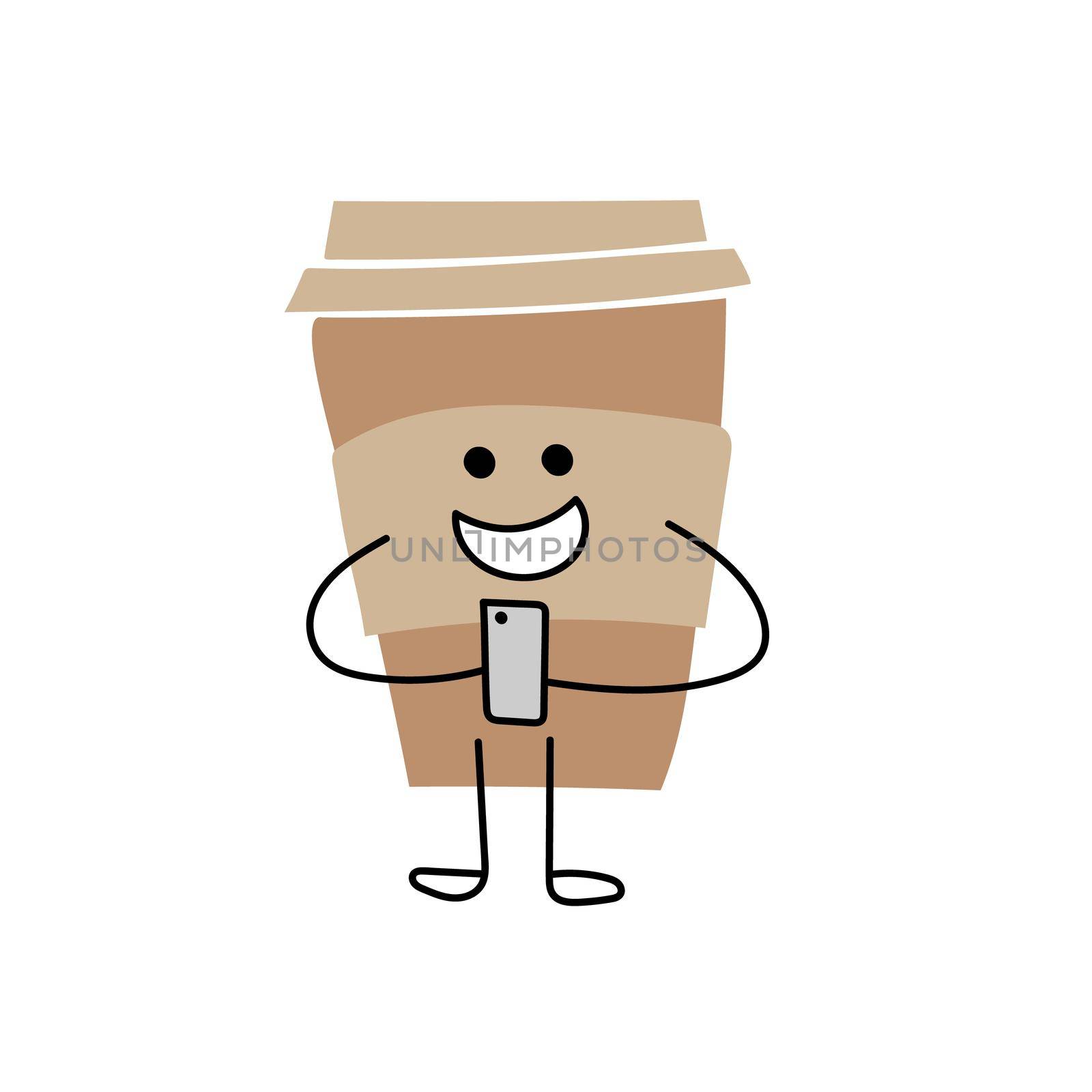 Cartoon coffee cup holding a smartphone. Take away coffee. Happy cup of coffee. Vector flat cartoon illustration on white