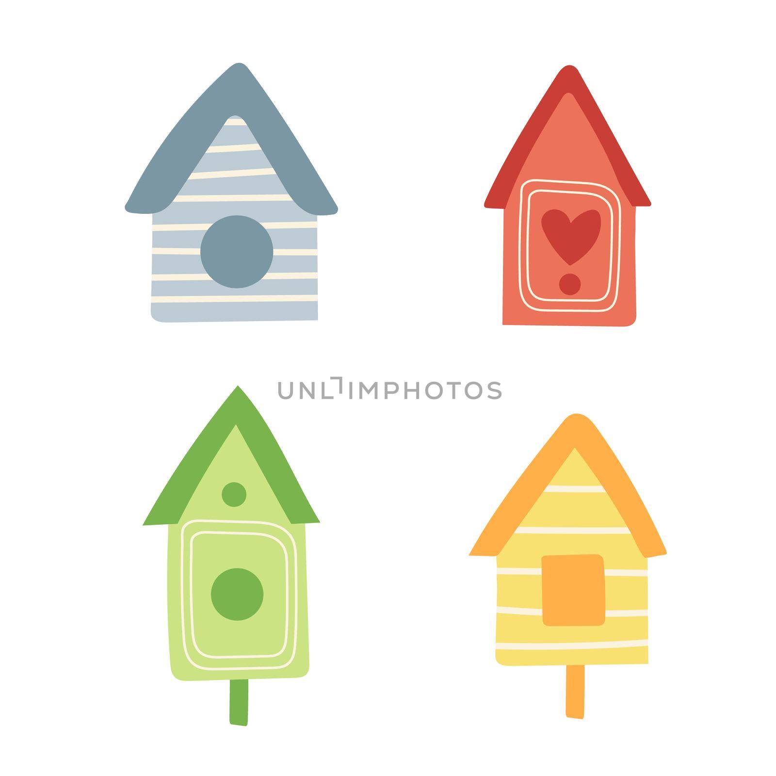 Wooden birdhouse, set of icons of house for birds. Hand drawn vector illustration. Isolated element on a white background.