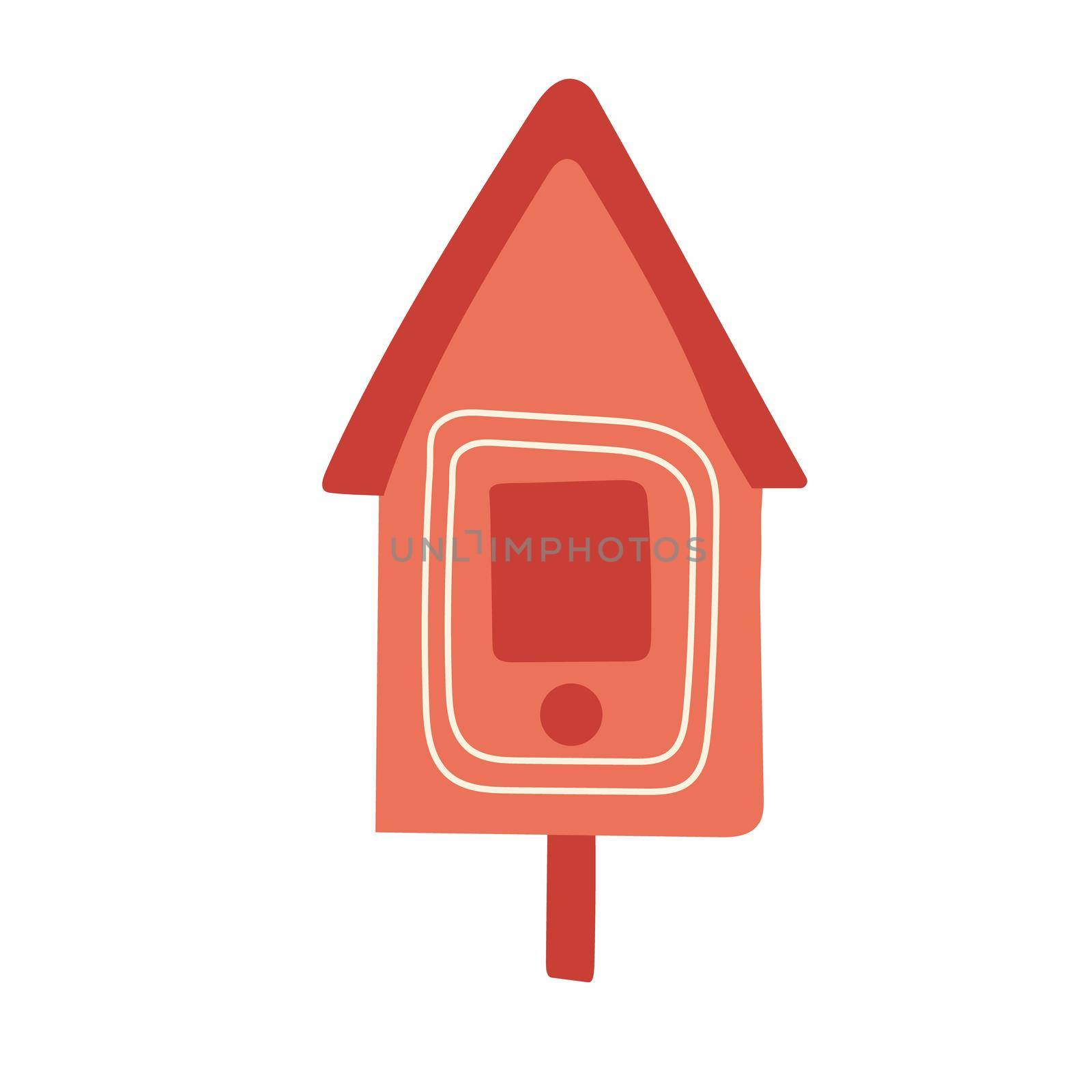 Wooden birdhouse on a stick, a house for birds. Hand drawn vector illustration. Isolated element on a white background.