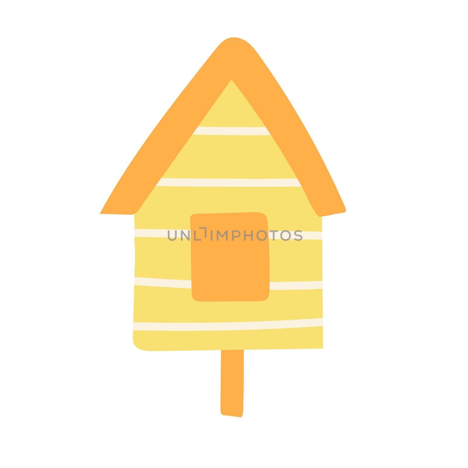 Wooden birdhouse on a stick, a house for birds. Hand drawn vector illustration. Isolated element on a white background.