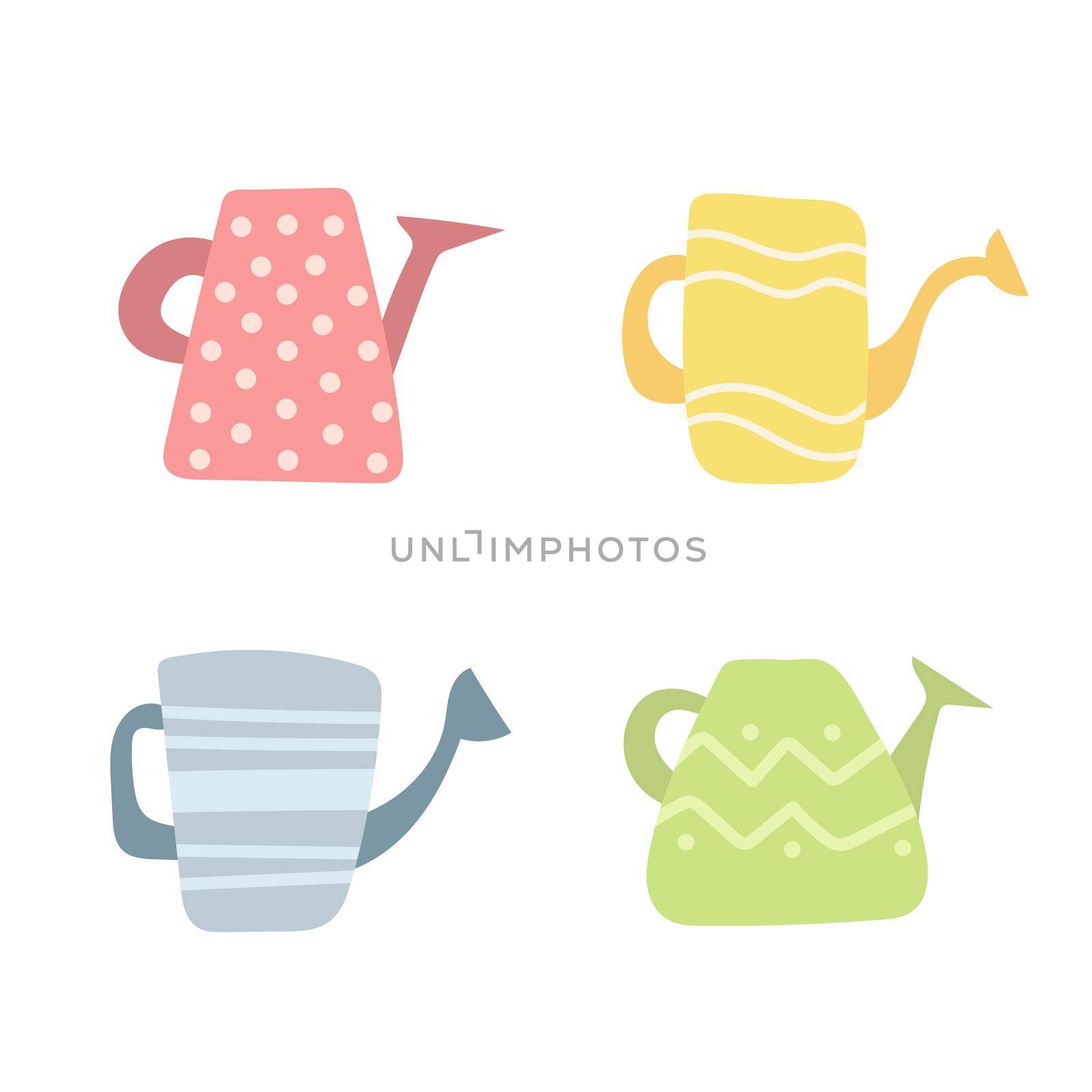 Decorated watering can or pot set isolated on white background. Simple gardening tool. Flat cartoon vector illustration.