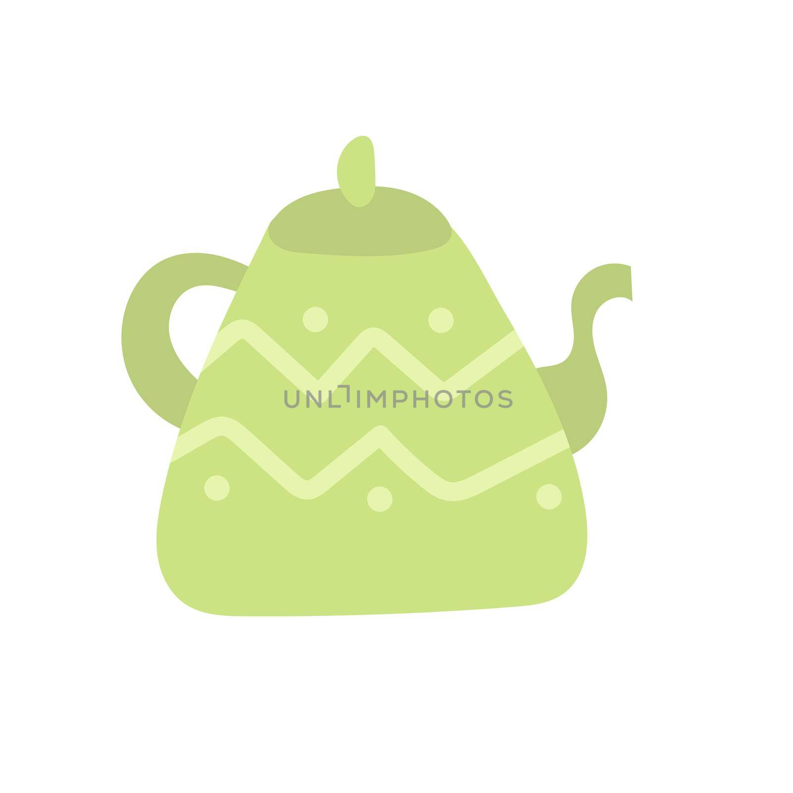 Green kettle - hand drawn vector doodle illustration. Cartoon pot. Isolated on white background. Hand drawn simple element