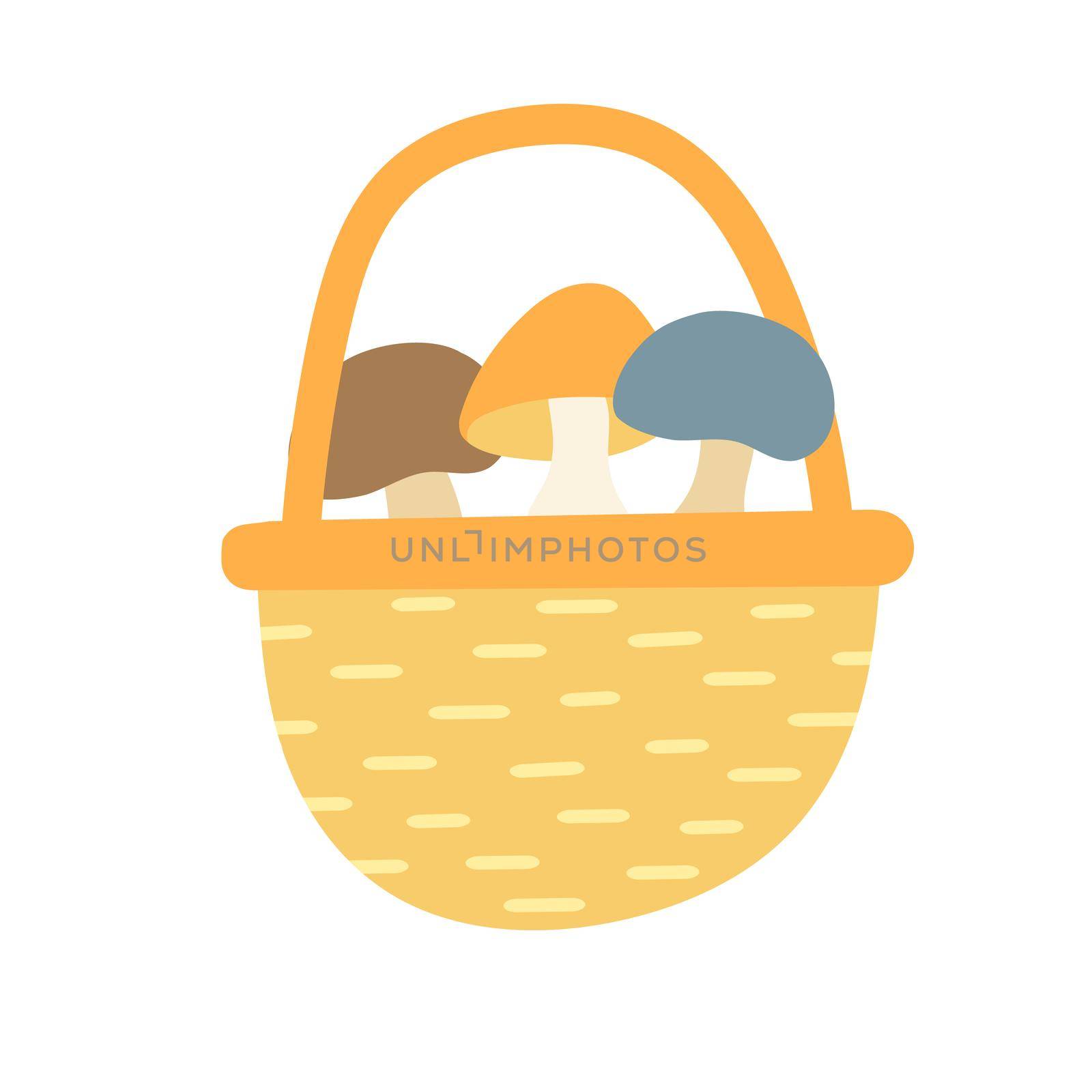Mushrooms in basket - vector isolated illustration. Picking harvest. October activity. Autumnal seasonal composition in cartoon style.
