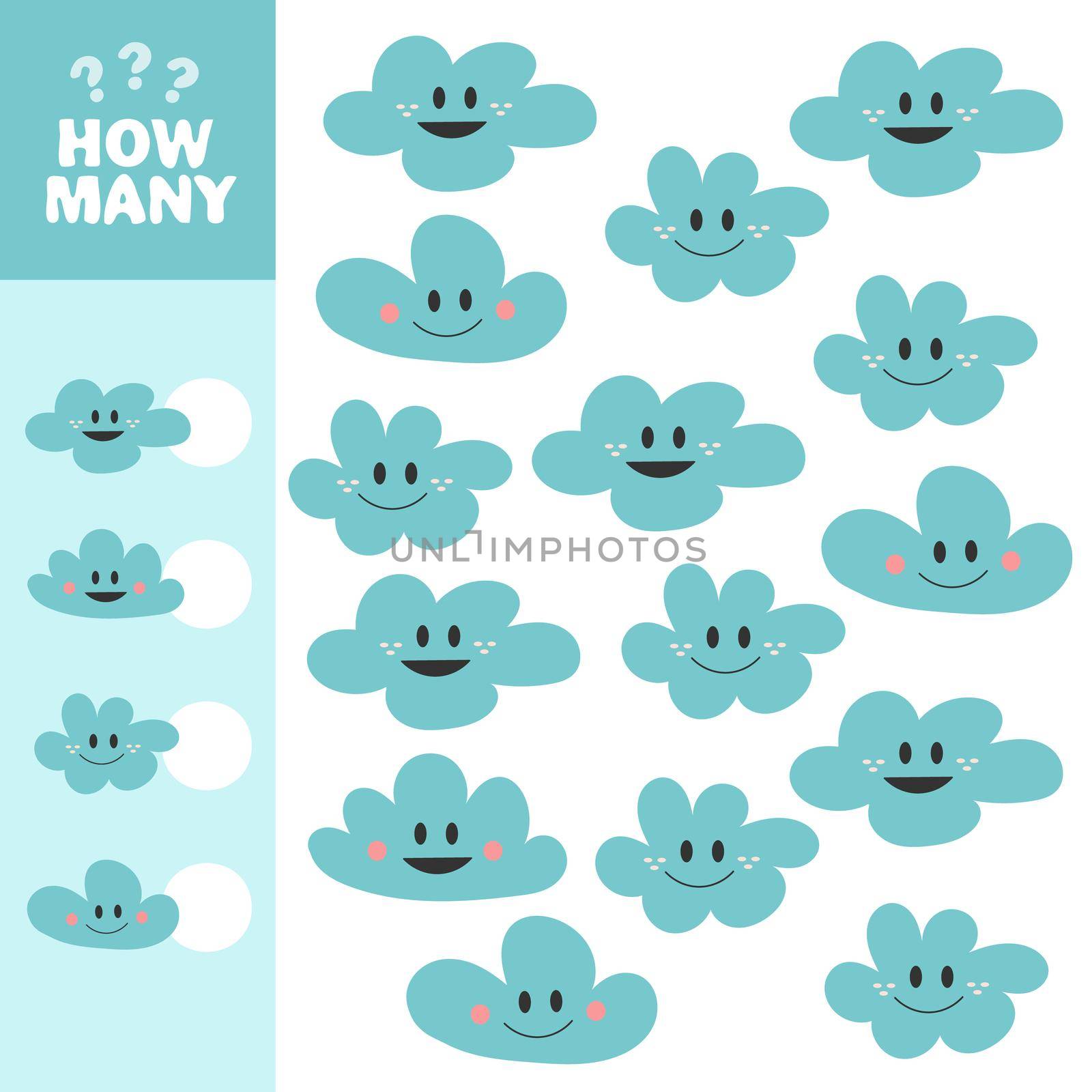 Vector illustration. Math game for preschool and school age children. Count and insert the correct numbers. Addition. Clouds.