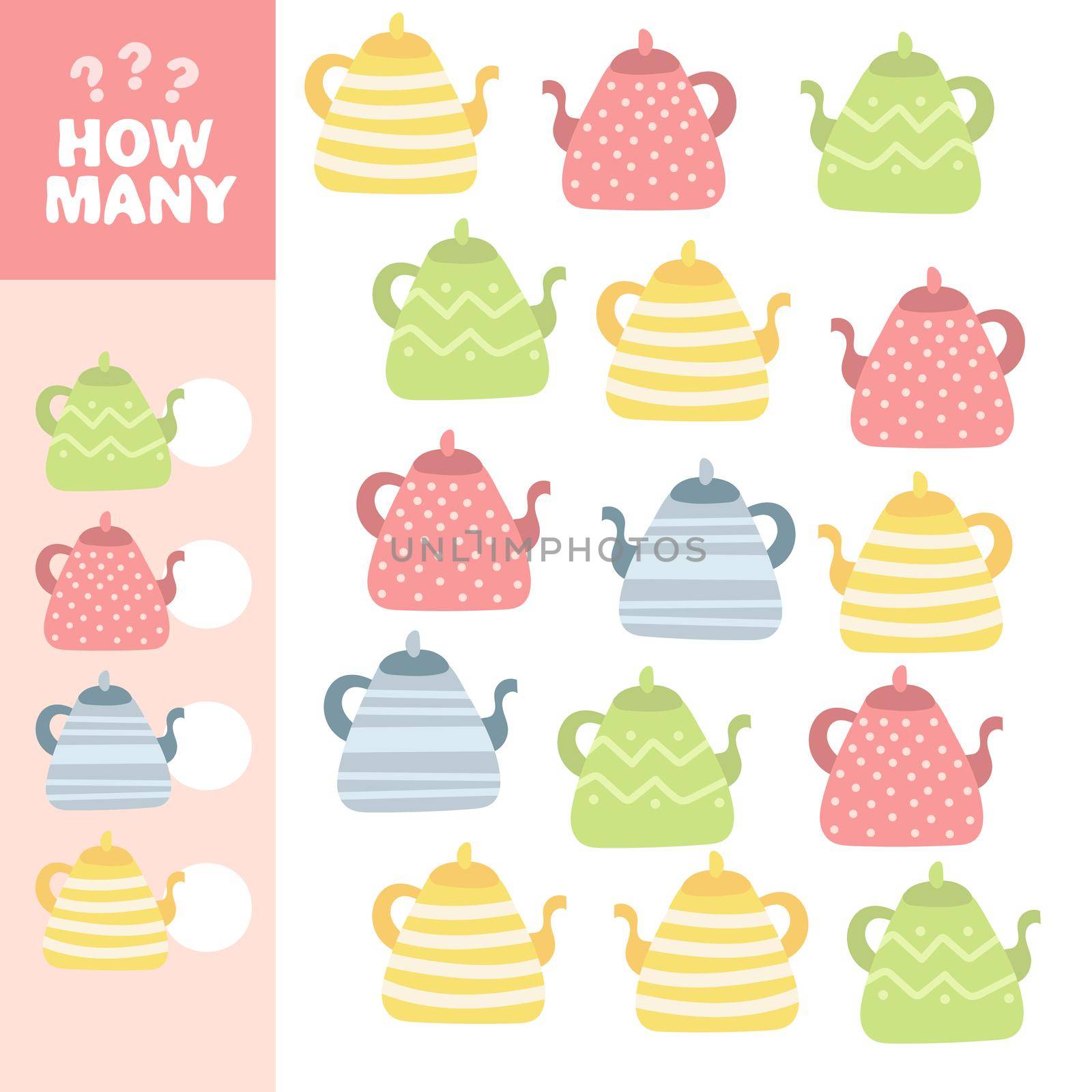 Counting game with cute kettles. Math activity for preschool children. Simple printable worksheet. Educational puzzle for kids.
