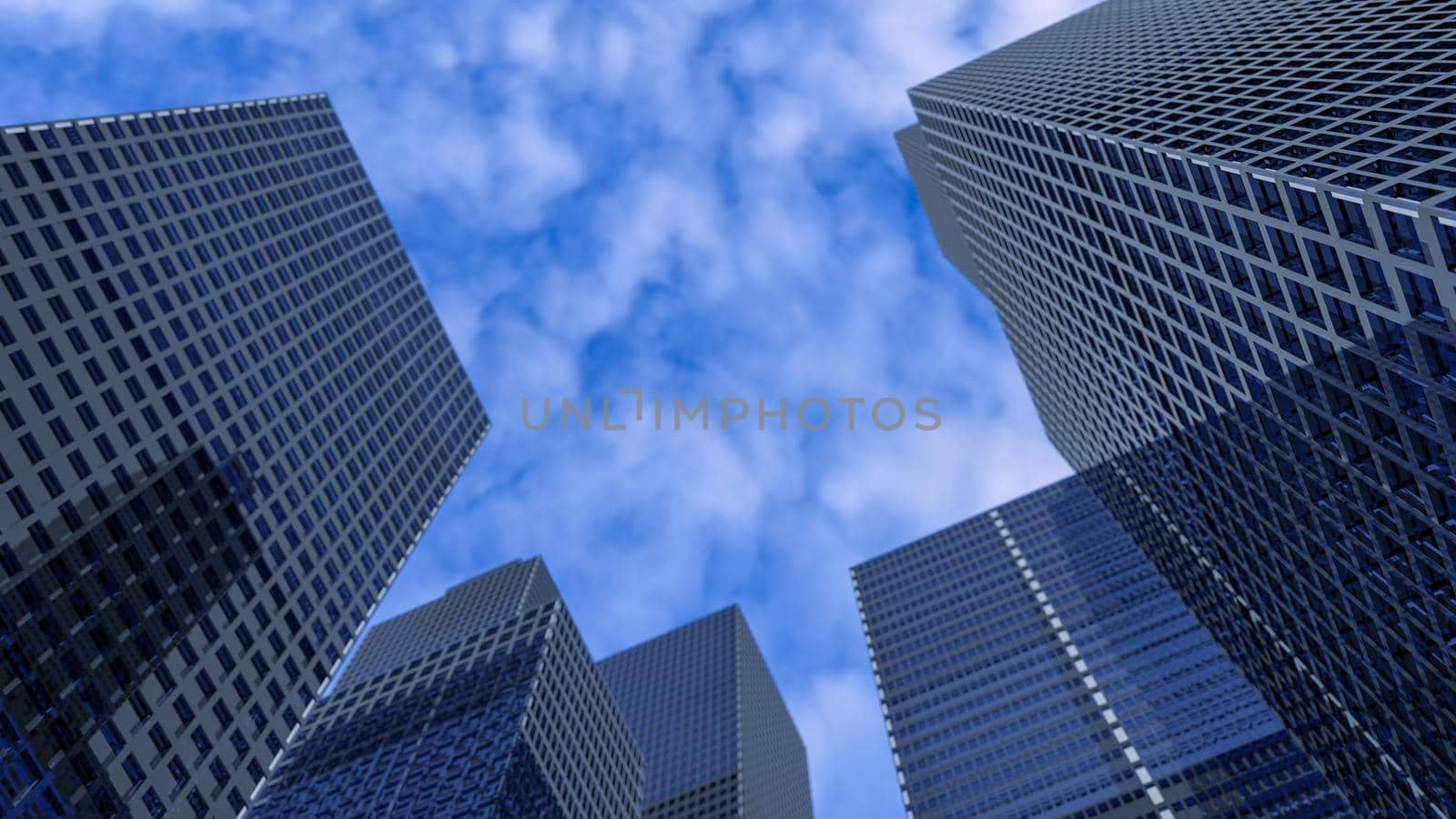 Glass buildings with cloudy blue sky background.. Panoramic and perspective wide angle view to steel light blue background of glass high rise building skyscraper commercial modern city. Business concept of success industry tech architecture. Office buildings. 3d rendering. 3d illustration