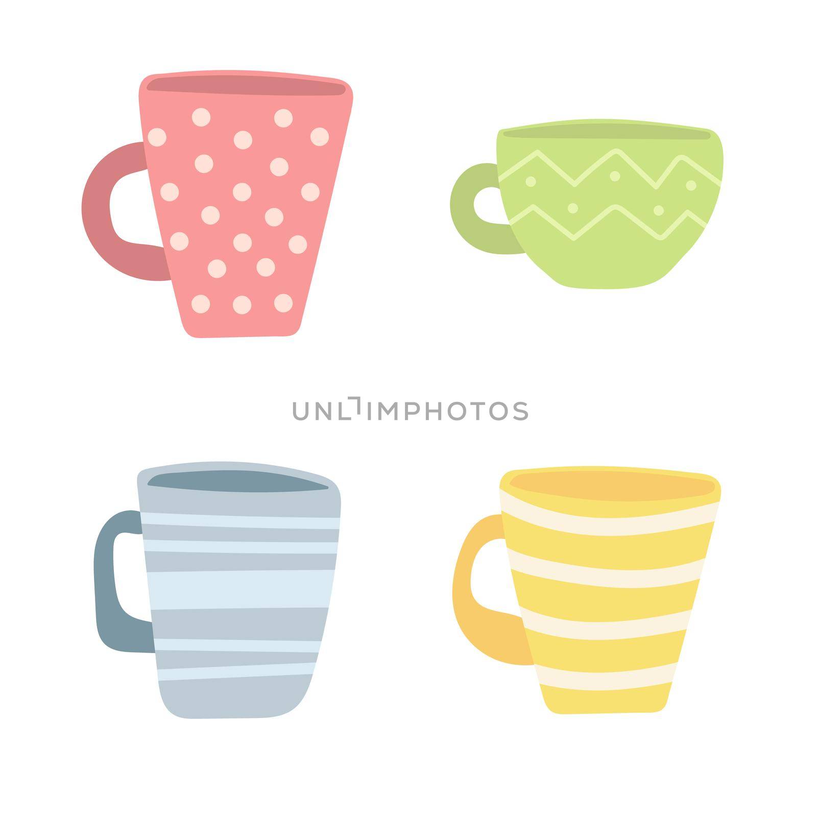 Cups. Simple cartoon drawing of vector cups on white. Set of hand drawn icons
