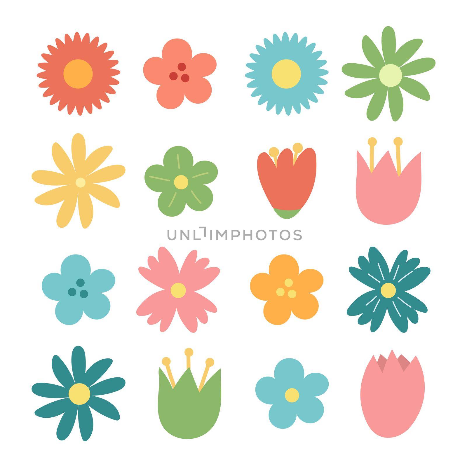 Set of hand drawn flower icons isolated on white. Cute cartoon design in bright colors for stickers, labels, tags, gift wrapping paper