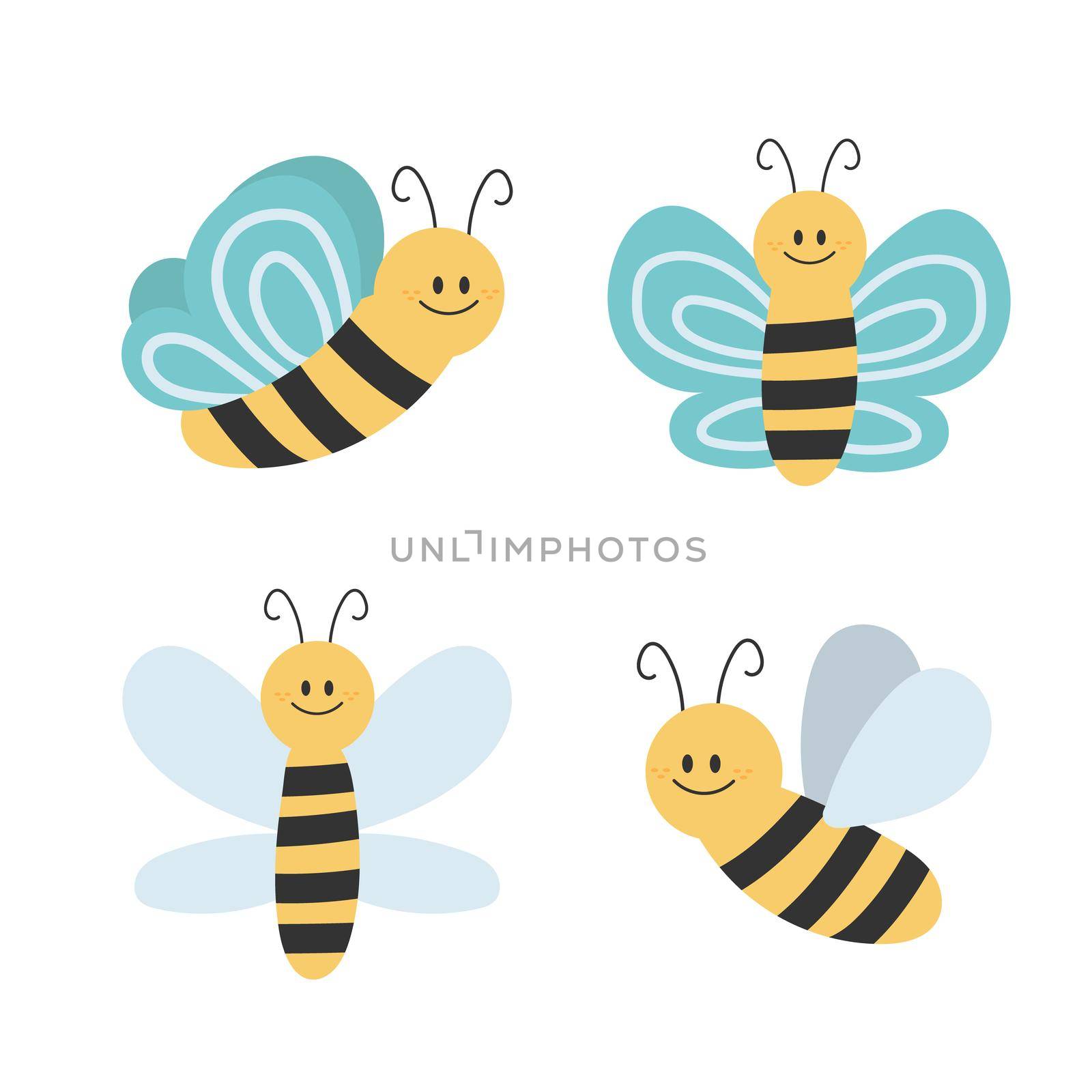 Lovely simple design of a cartoon yellow and black bees on a white background. Hand drawn style set