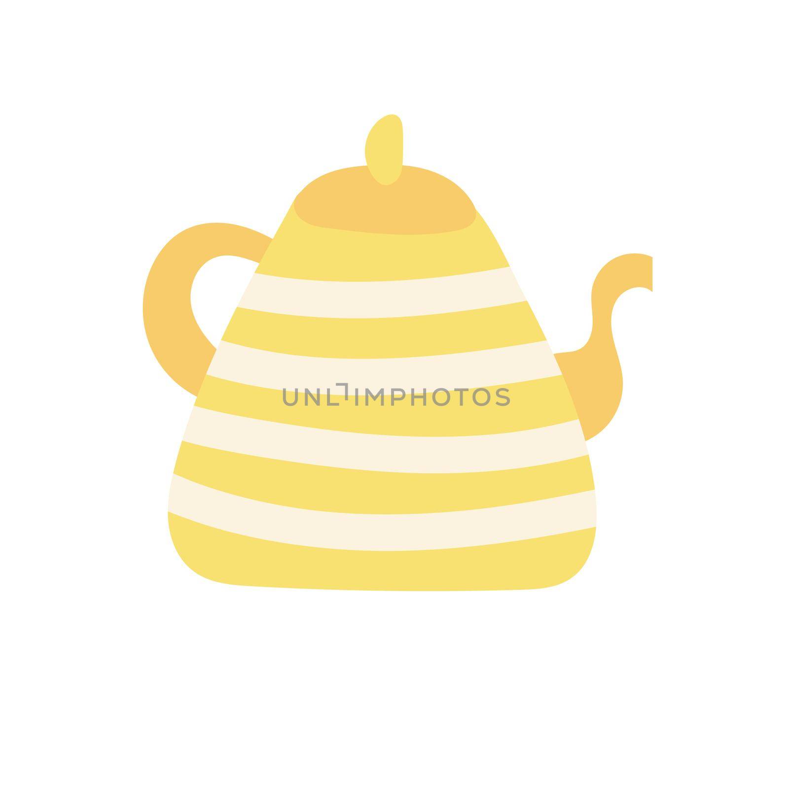 Yellow kettle - hand drawn vector doodle illustration. Cartoon pot. Isolated on white background. Hand drawn simple element