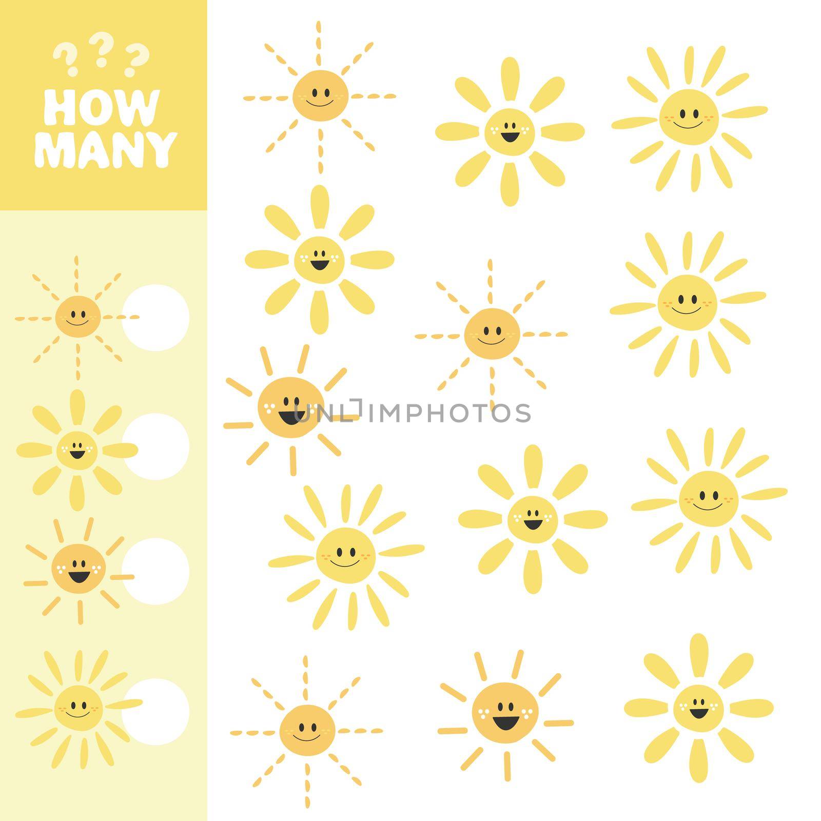 Counting game, how many Sun. Educational children game, printable worksheet by natali_brill