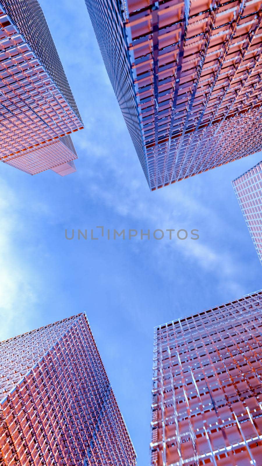 Glass buildings with cloudy blue sky background. Business concept of industry tech architecture. 3d rendering. 3d illustration by kwarkot