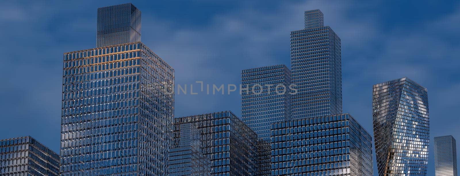 Glass buildings with cloudy blue sky background.. Panoramic and perspective wide angle view to steel light blue background of glass high rise building skyscraper commercial modern city. Business concept of success industry tech architecture. Office buildings. 3d rendering. 3d illustration