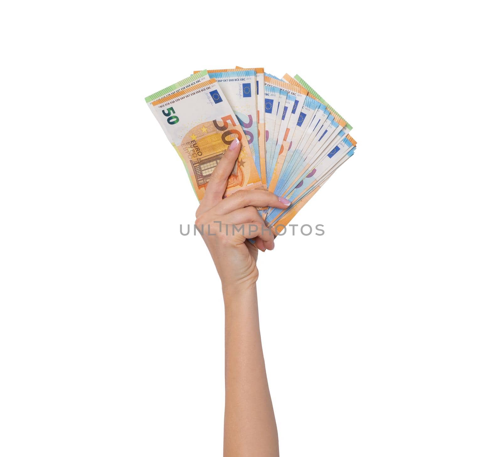 Woman hand holding euro cash money banknotes isolated on white background. High quality photo