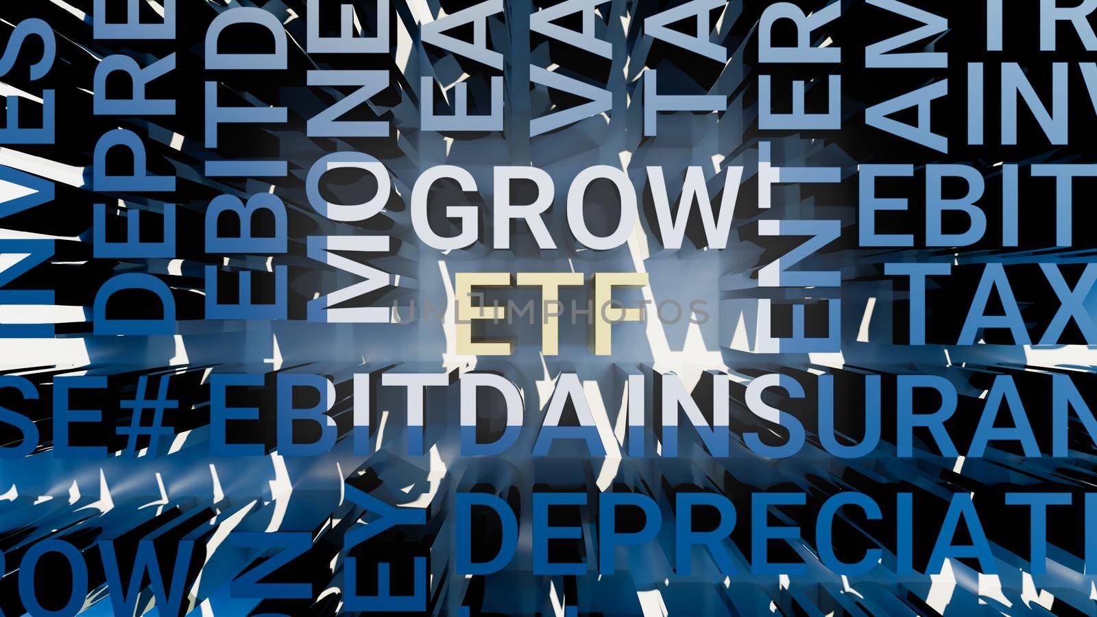 Concept image of business tag ETF. Three-dimensional letters geometrically on a white background. EBITDA, TRUST, INVESTMENT, DEPRECIATION, AMORTIZATION, MONEY, TAX, REIT, FINANCE, ENTERPRISE, VALUATION, EARNINGS, INSURANCE GROW MONEY REAL ESTATE 3d illustration