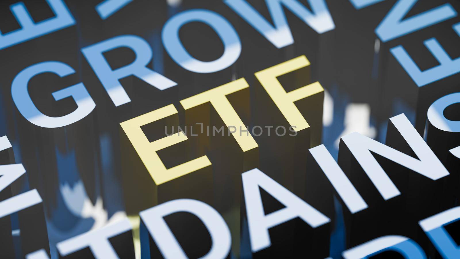 Concept image of business tag ETF. Three-dimensional letters geometrically on a white background. EBITDA, TRUST, INVESTMENT, TAX, REIT, VALUATION, EARNINGS, INSURANCE, REAL ESTATE. 3d rendering by kwarkot