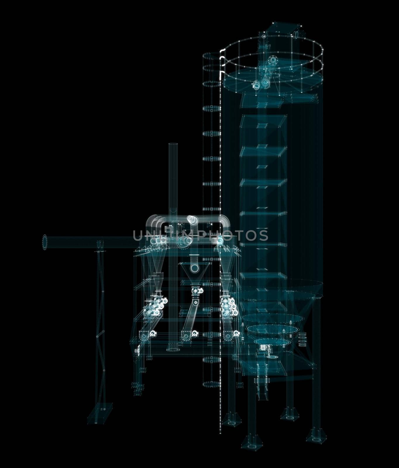Industrial Technology Concept. Particle hologram industrial equipment, valves, pipes and sensors. Industry 4.0 High Tech Concept. 3d illustration