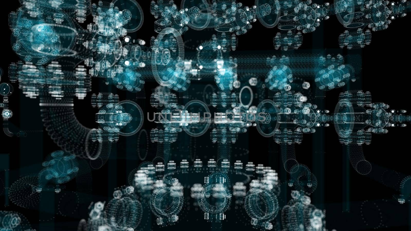 Industrial Technology Concept. Particle hologram industrial equipment, valves, pipes and sensors. Industry 4.0 High Tech Concept. 3d illustration