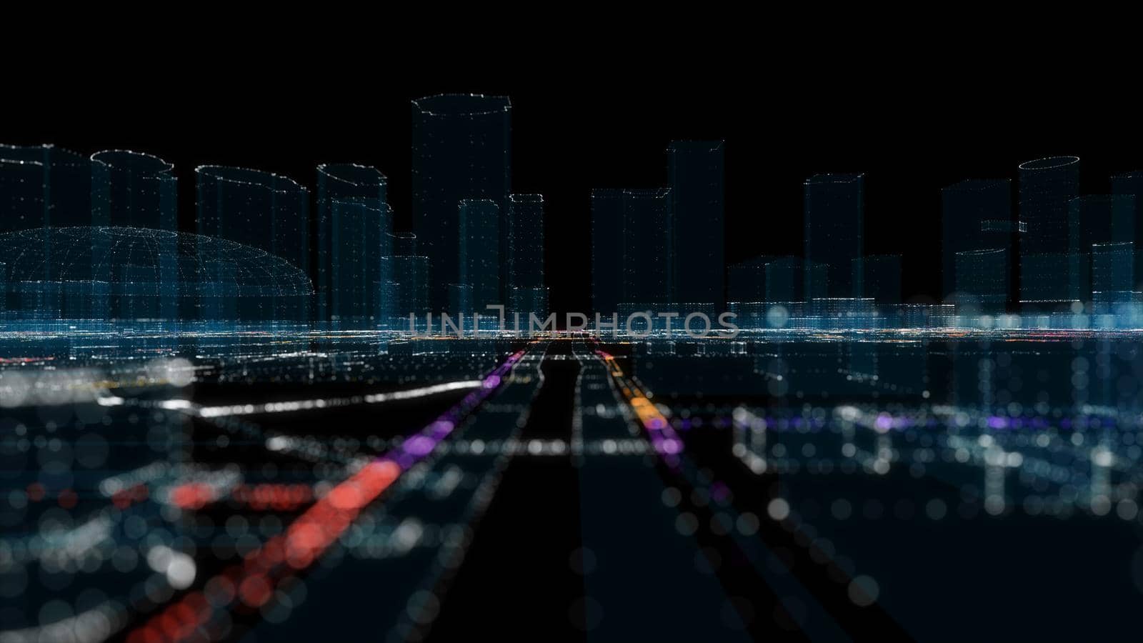 Futuristic Smart Digital City. Buildings and Roads. Smart City And Technology Business Concept. 3D Illustration