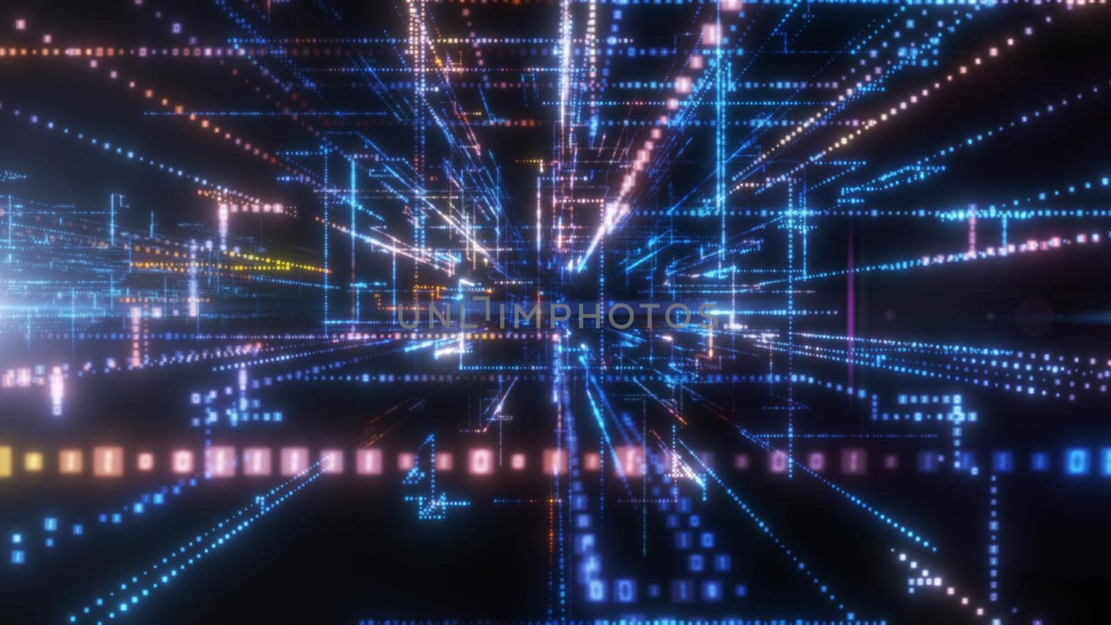 Flying into digital technologic tunnel. Technology and connection concept background. 3d illustration