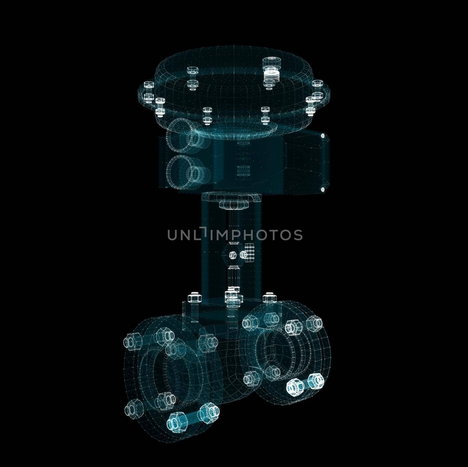 Industrial valve consisting of luminous lines and dots. 3d illustration