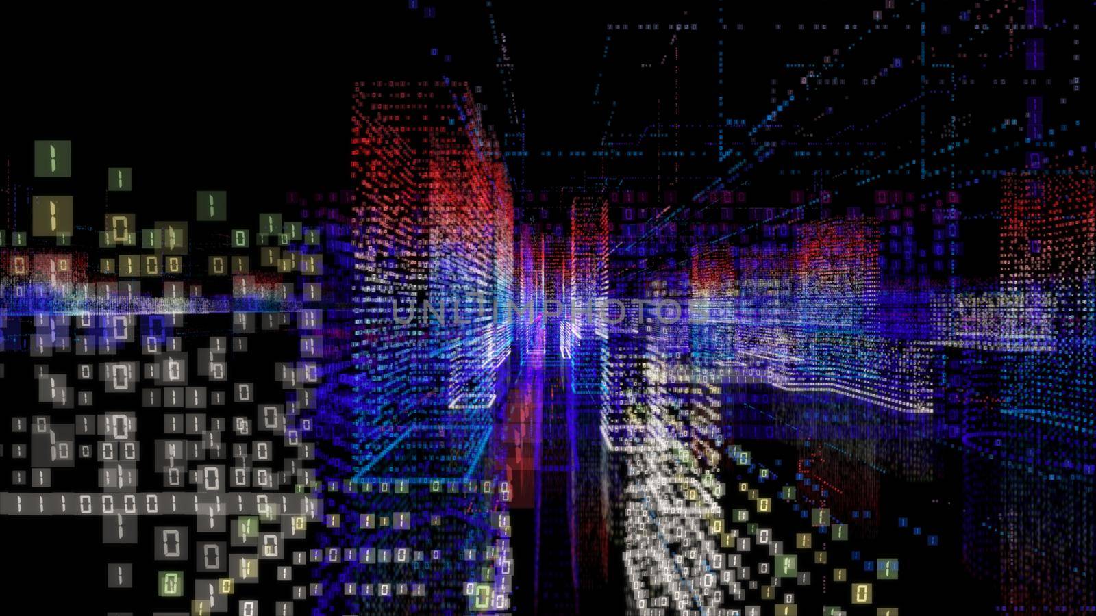 Abstract hologram 3D city with digital buildings and binary code particles network. Technology and connection concept. 3d illustration