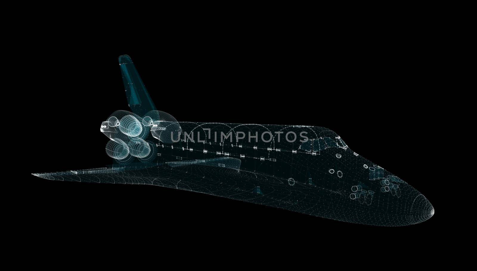 Abstract space shuttle of particles. 3d illustration. Elements of this image furnished by NASA