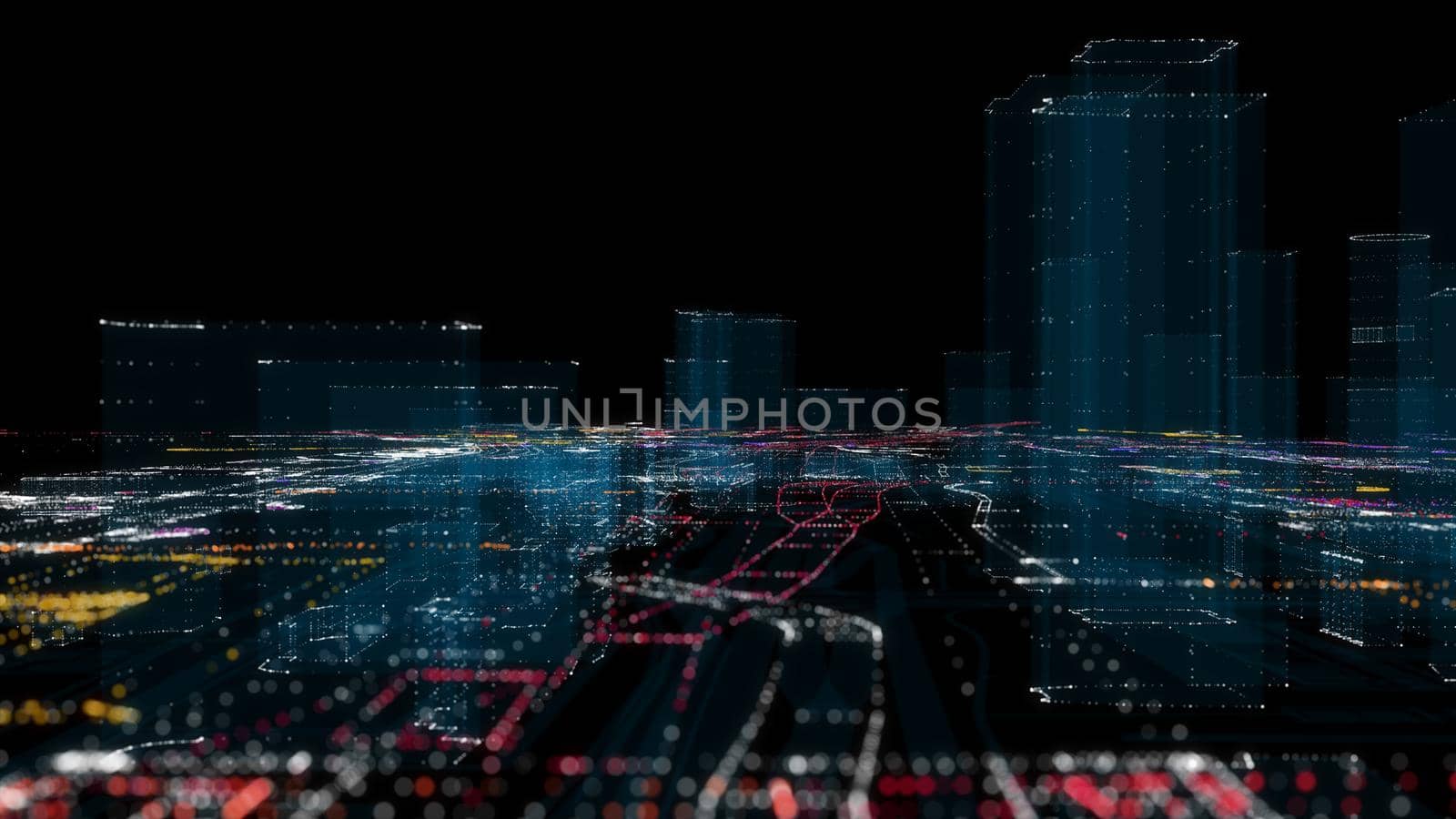 Futuristic Smart Digital City. Buildings and Roads. Smart City And Technology Business Concept. 3D Illustration