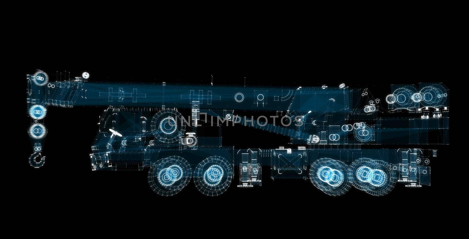 Digital Truck Crane Hologram. Transportation and Technology Concept by cherezoff