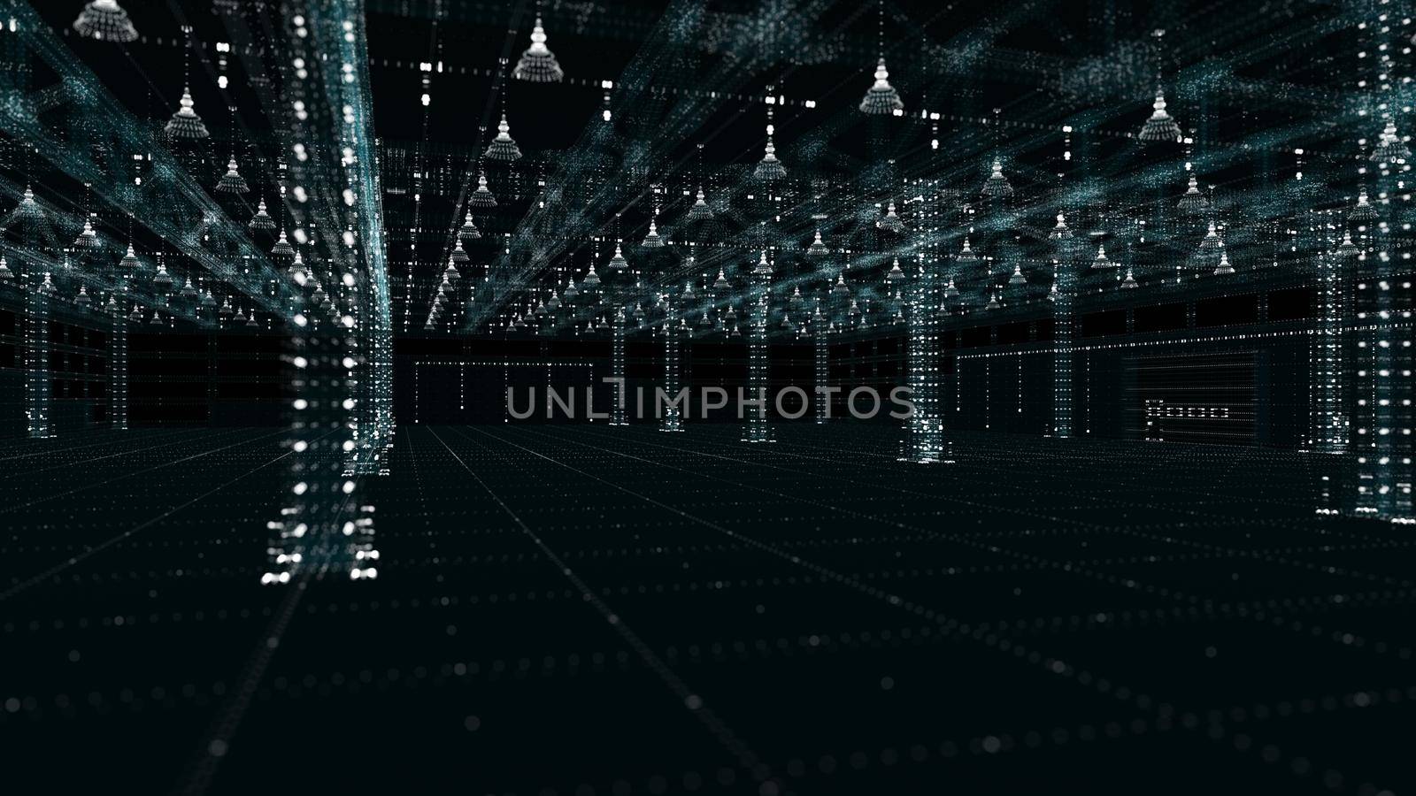 The automated and digitalized warehouse of the future. Particles and transparent planes. 3d illustration