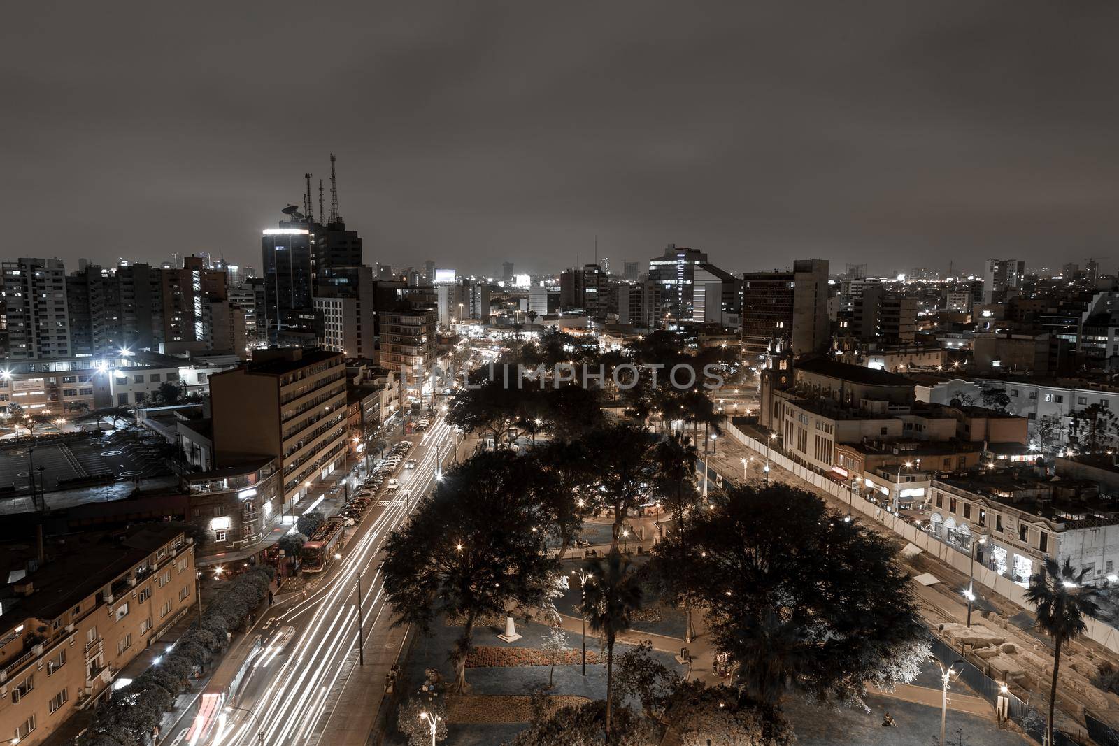 Lima, Peru - September 06, 2015: Black and white shot of Kennedy park in the centre of the district Miraflores at night