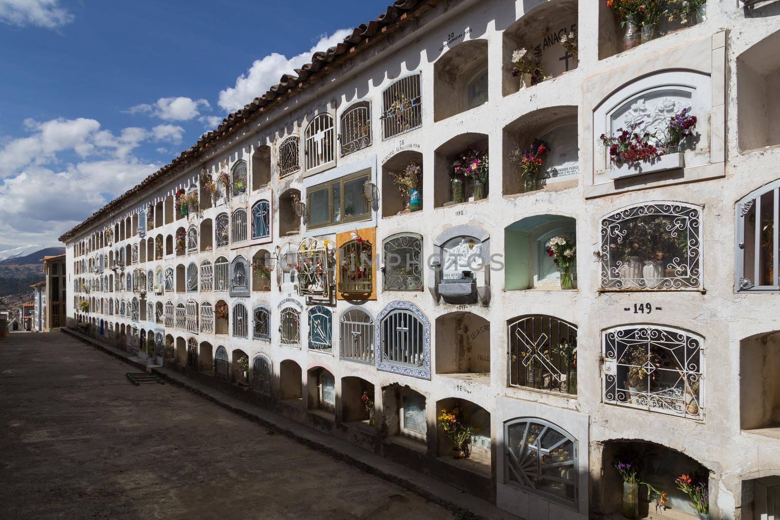 Huaraz, Peru - October 01, 2015: Exterior view of house for graves on the graveyard