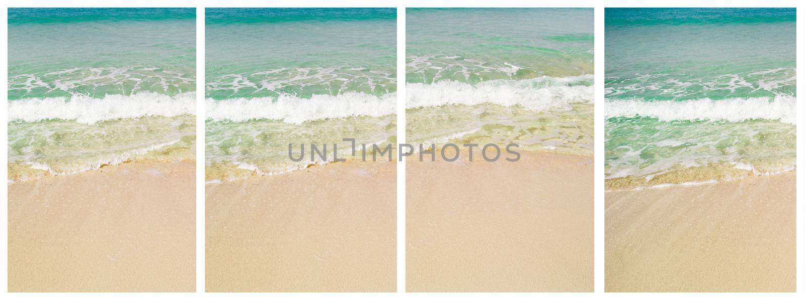 Beatiful sea coast view collage with sand, ocean and waves. Idellyc paradise place pictures set with holiday tropical vibes