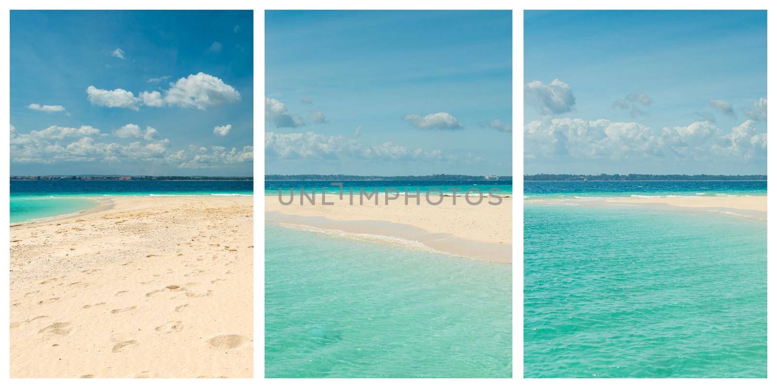 Beatiful sea coast view collage with sand, ocean and sky. Idellyc paradise place pictures set