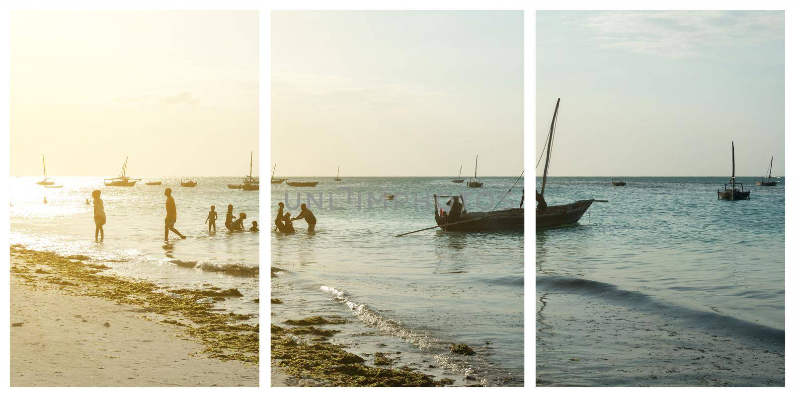 Beatiful sea coast view in sunset time with people and boats collage. Idellyc paradise place pictures set with children, humans and sun