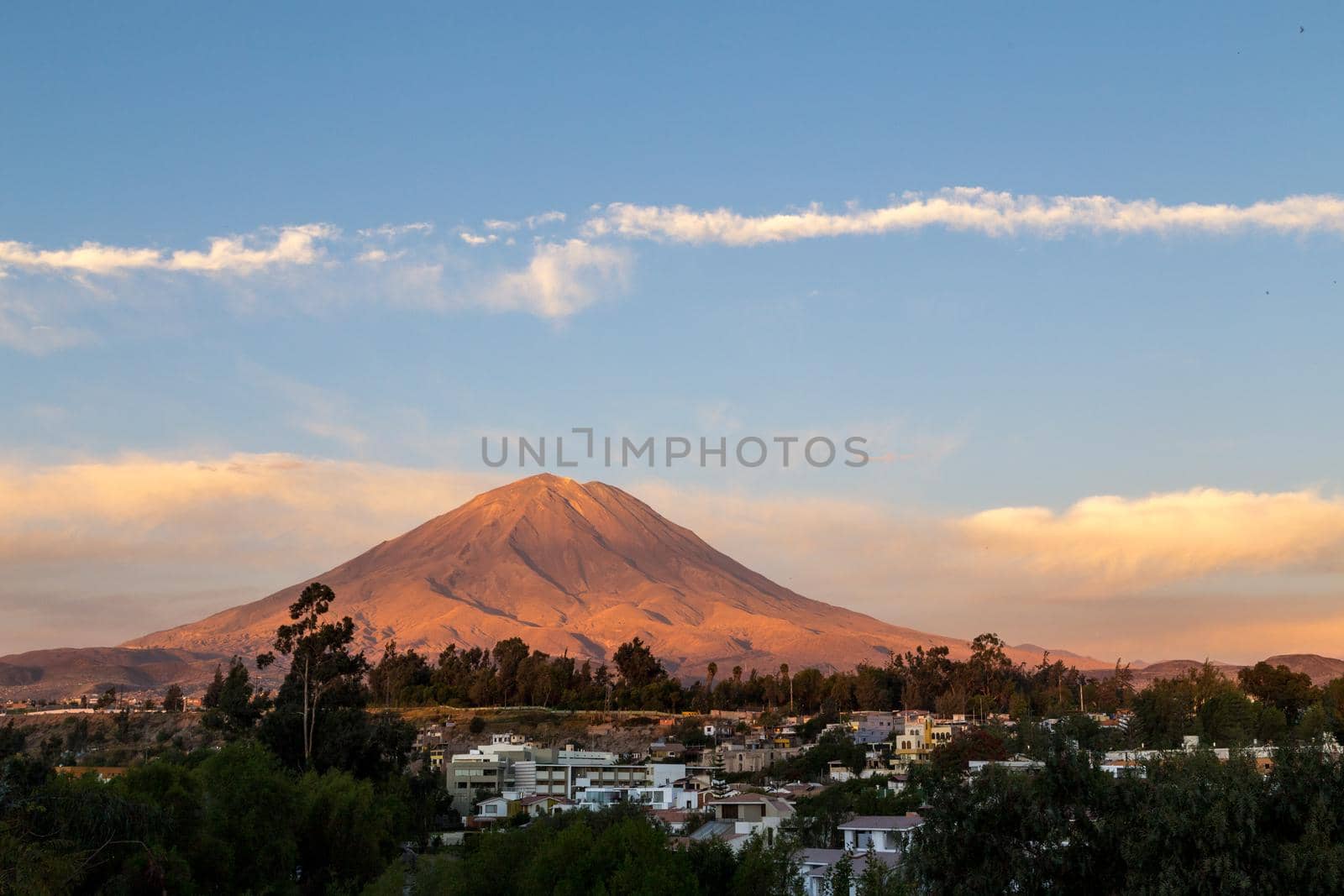 Arequipa, Peru - October 20, 2015: View of the Misti volcano as seen from the Yanahuara viewpoint