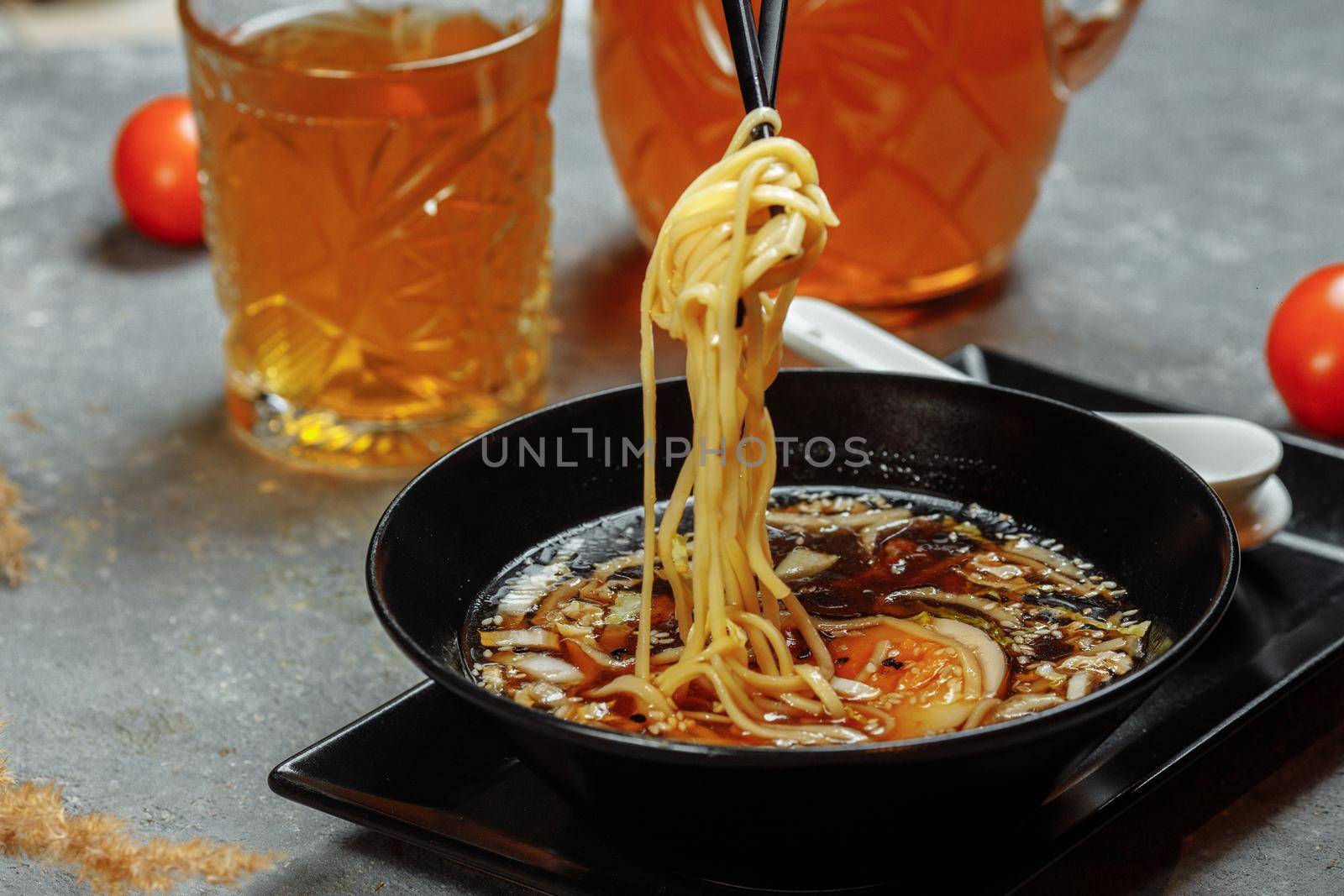 ramen with chicken and pork, SHOYU RAMEN chicken and pork with noodles.