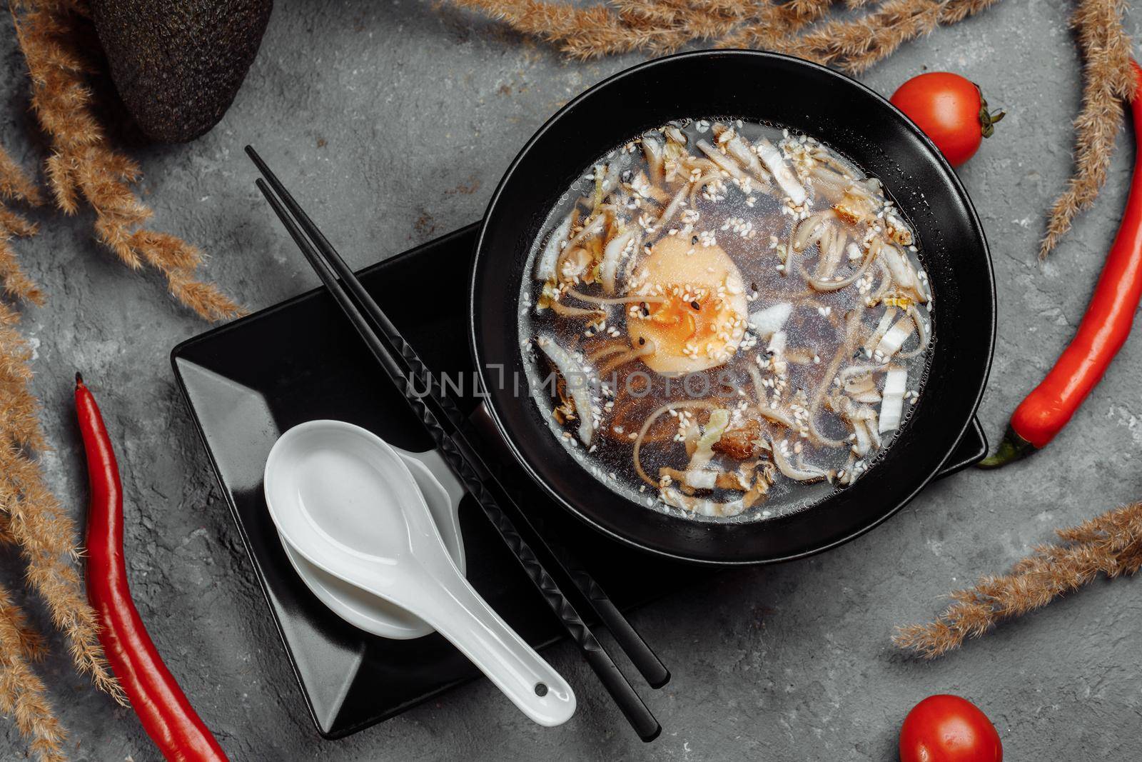 ramen with chicken and pork, SHOYU RAMEN chicken and pork with noodles.