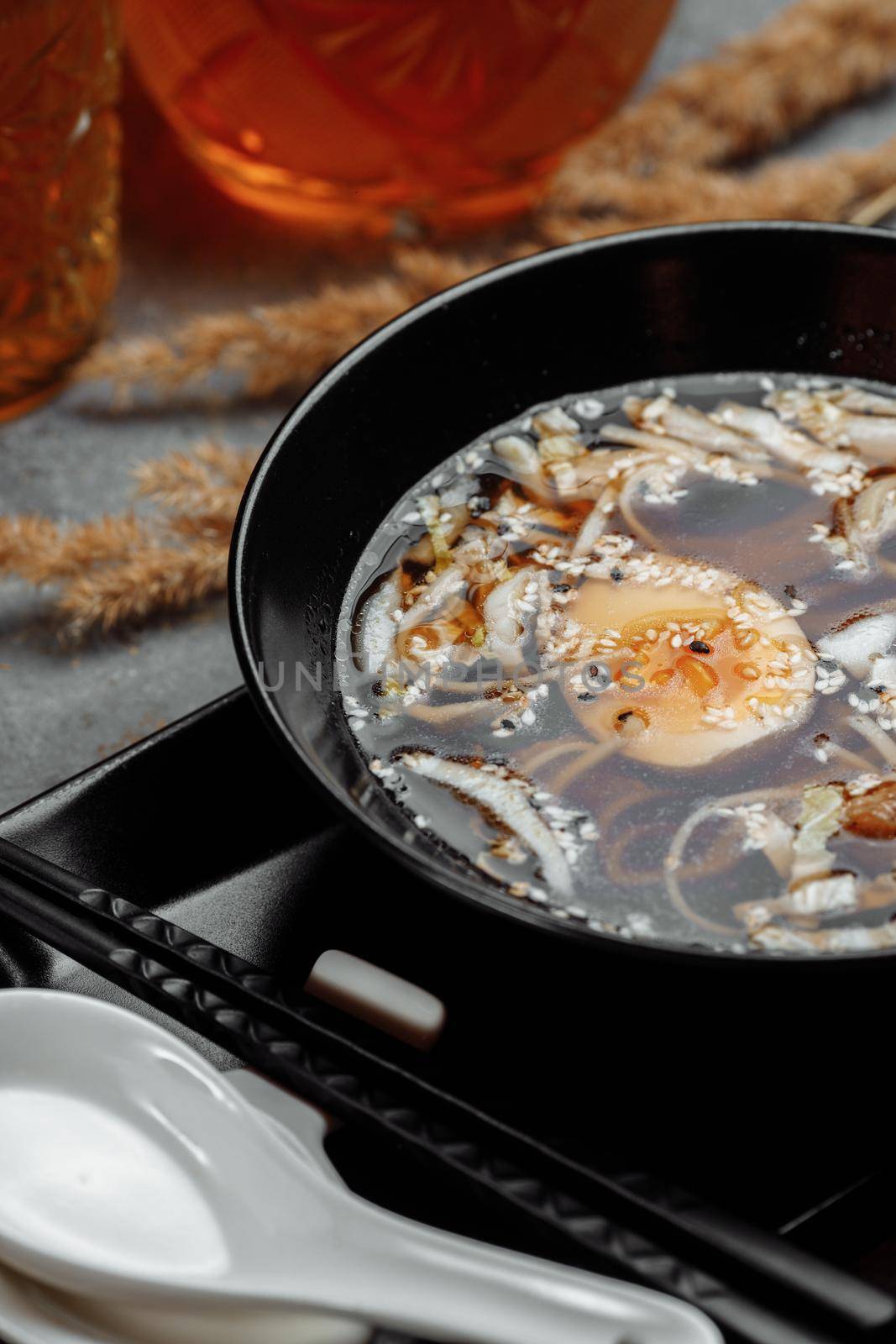 ramen with chicken and pork, SHOYU RAMEN chicken and pork with noodles.