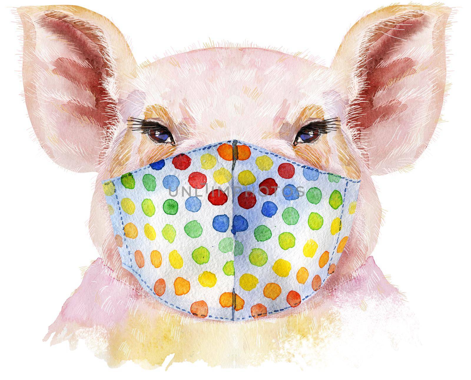 Watercolor portrait of pig pig in a medical protective mask by NataOmsk
