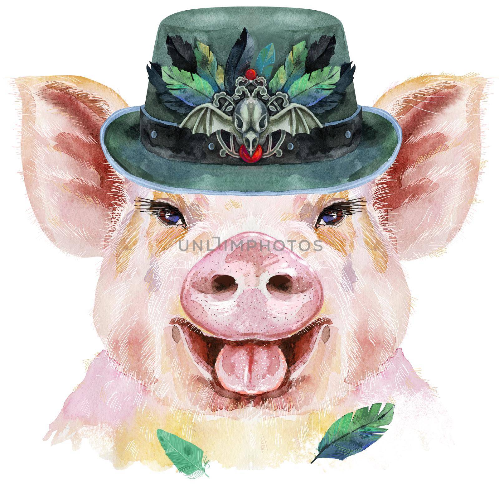 Watercolor portrait of pig in olive hat by NataOmsk