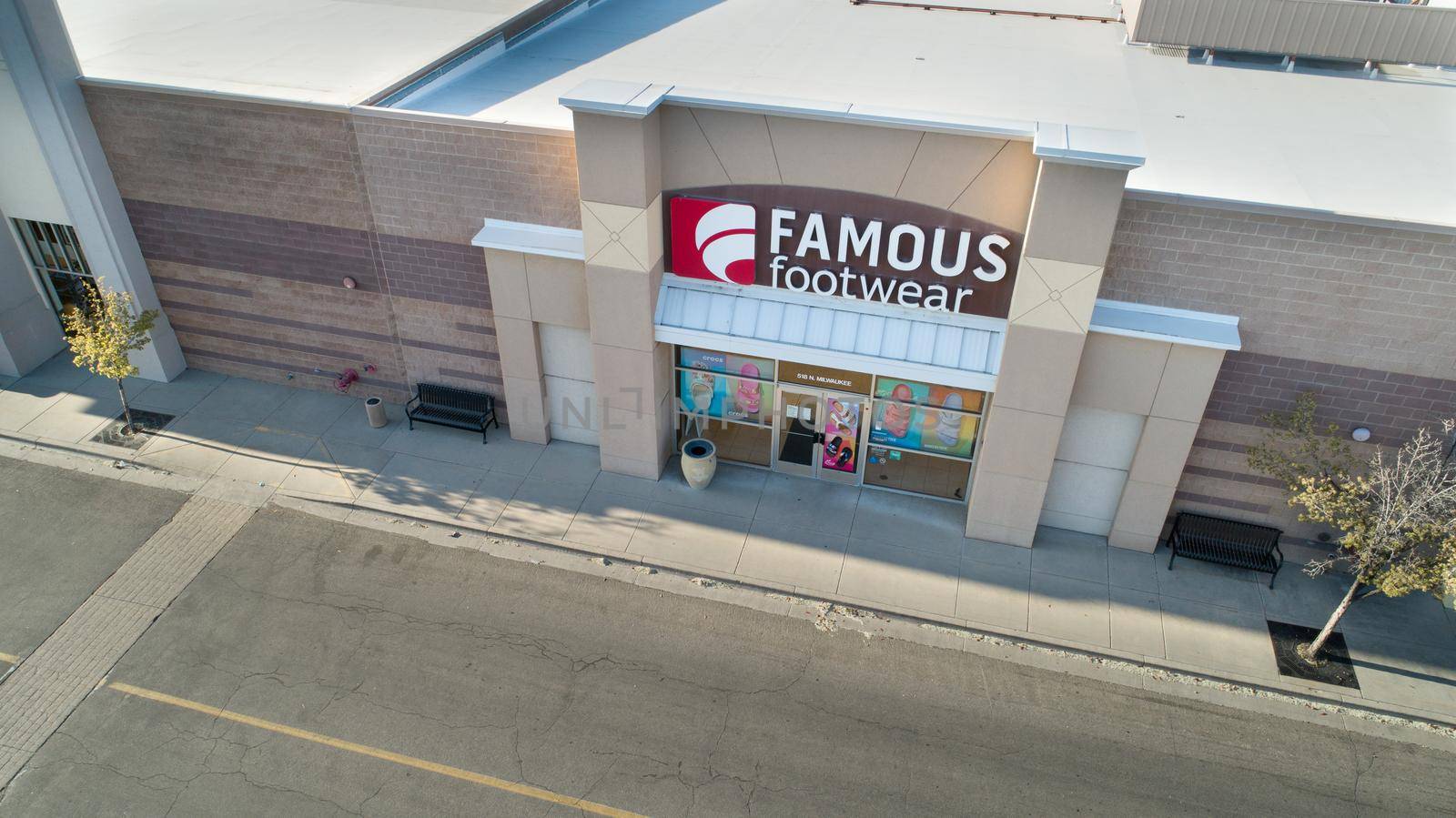 BOISE, IDAHO - APRIL 20, 2021: Aerial view outside of the retail chain Famous Footware