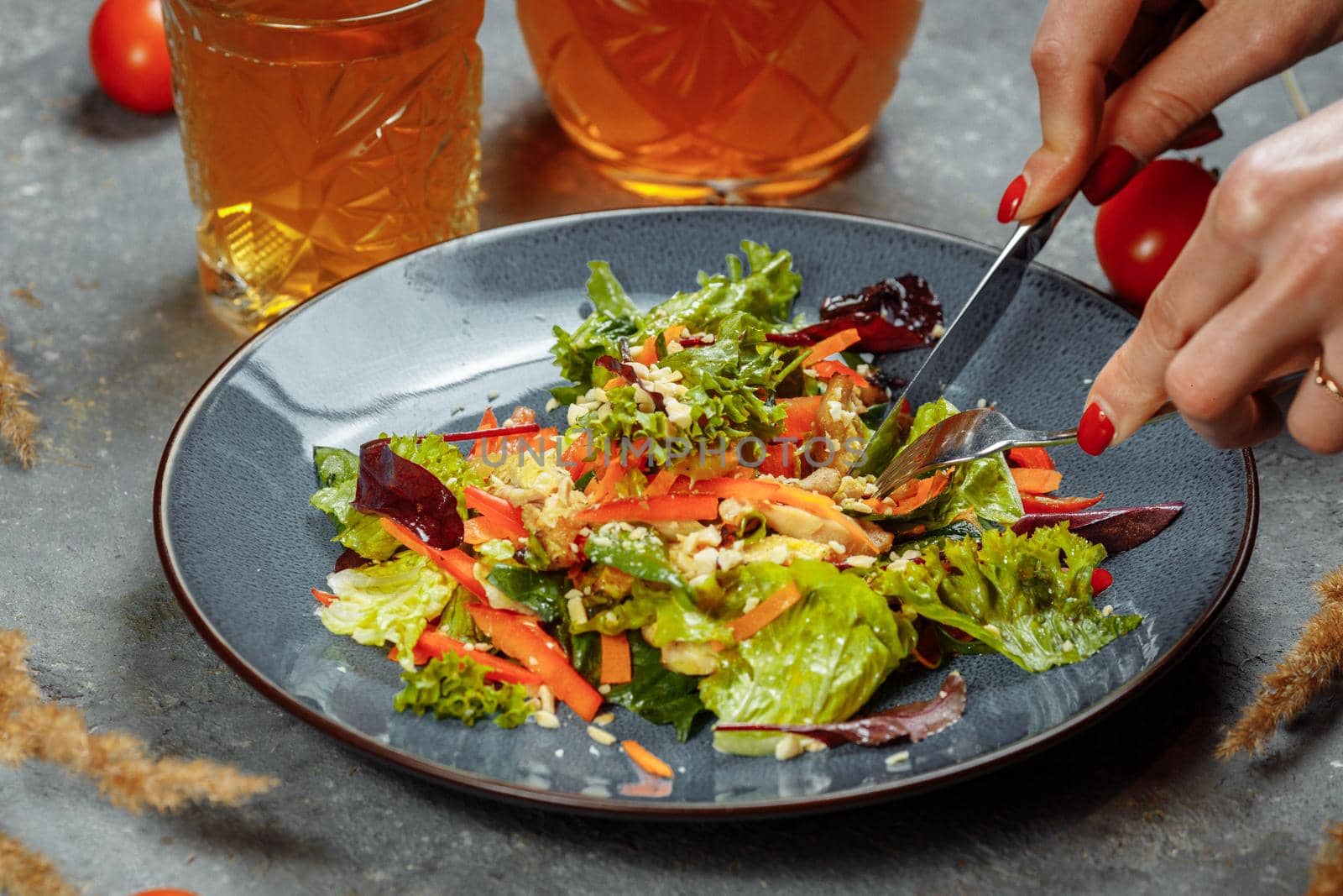 Healthy organic fresh salad with tomatoes, peppers and chicken Masala. Grilled chicken breasts and fresh vegetables in plate.