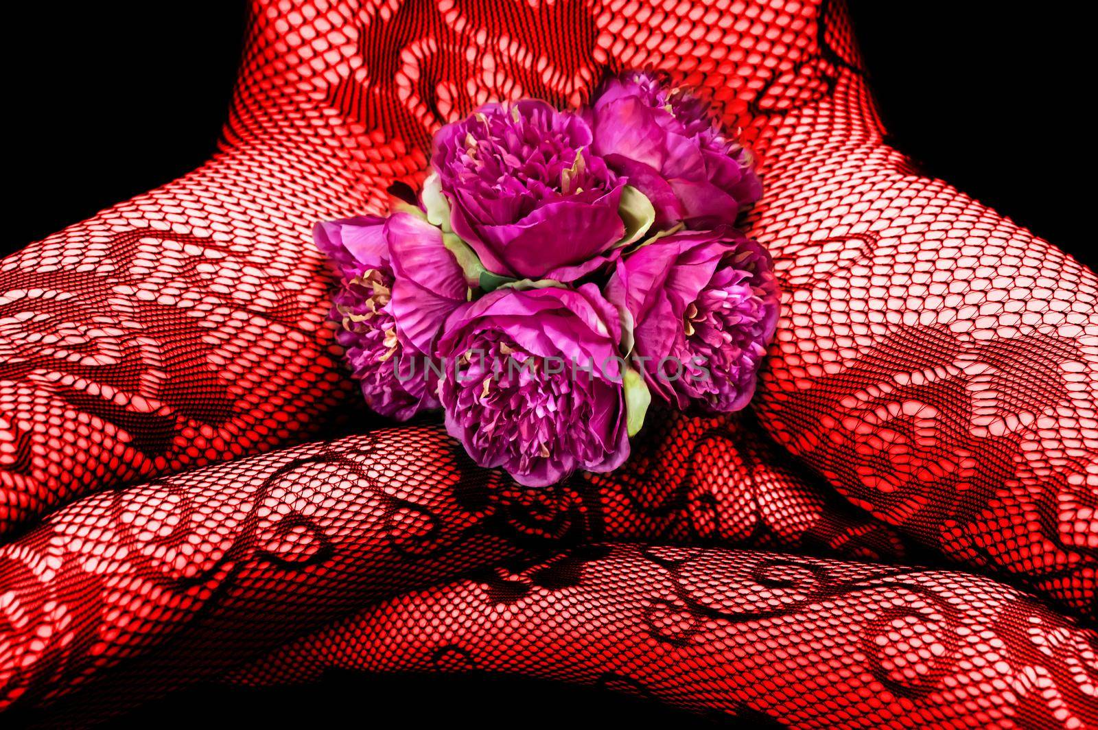 Woman in fishnet tights with pink peonies by palinchak