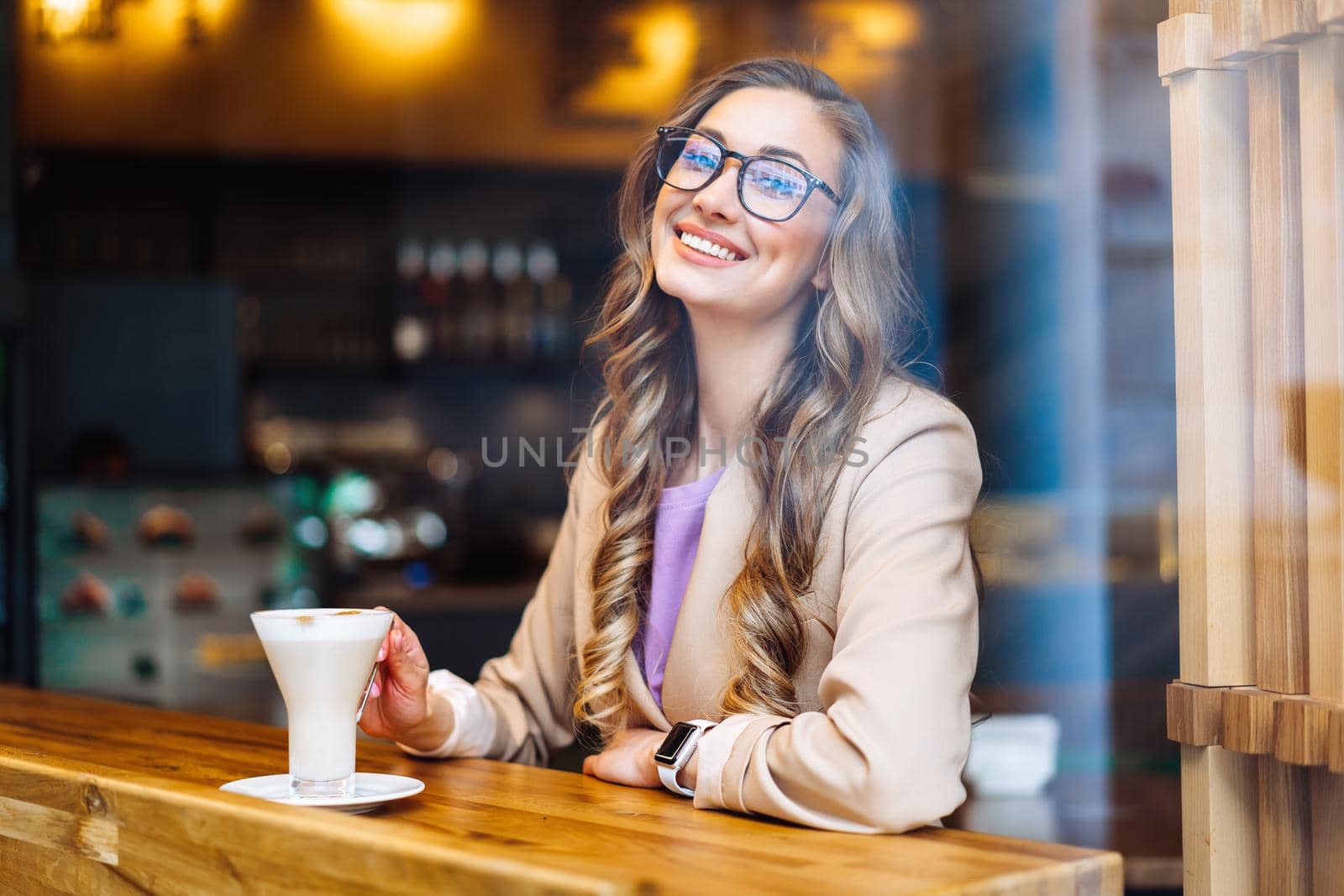 Business Woman Sitting Cafe Behind Window Waiting Business Partner Caucasian Female Resting Cafeteria Drink Late Coffee Smile Looking outside