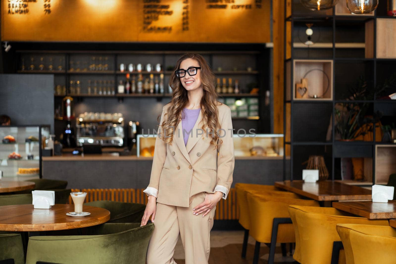 Business Woman Restaurant Owner Dressed Elegant Pantsuit Standing In Restaurant With Bar Counter Background Caucasian Female Glasses Business Person Indoor