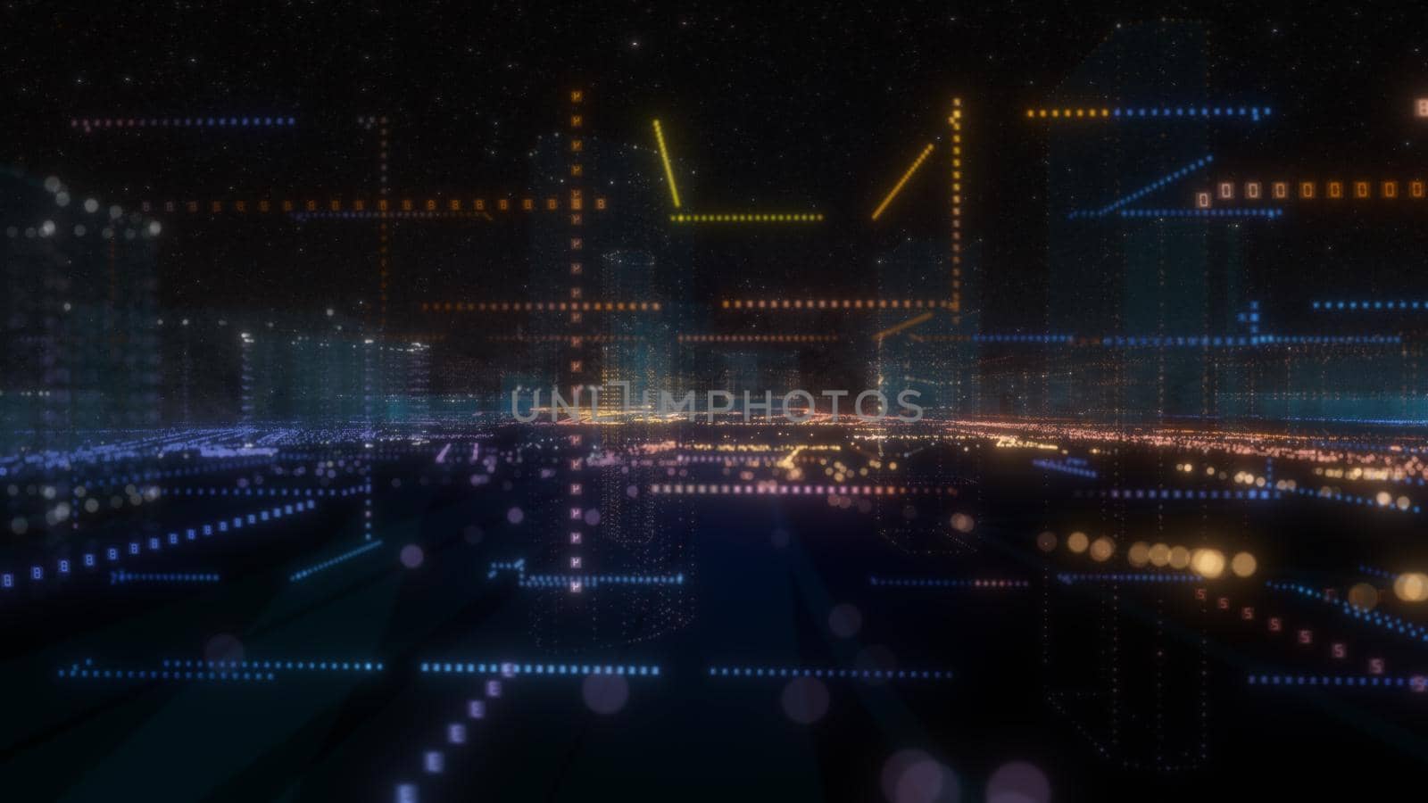 Futuristic Smart Digital City. Buildings, Code, Galaxy and Roads. Smart City And Technology Business Concept. 3D Illustration